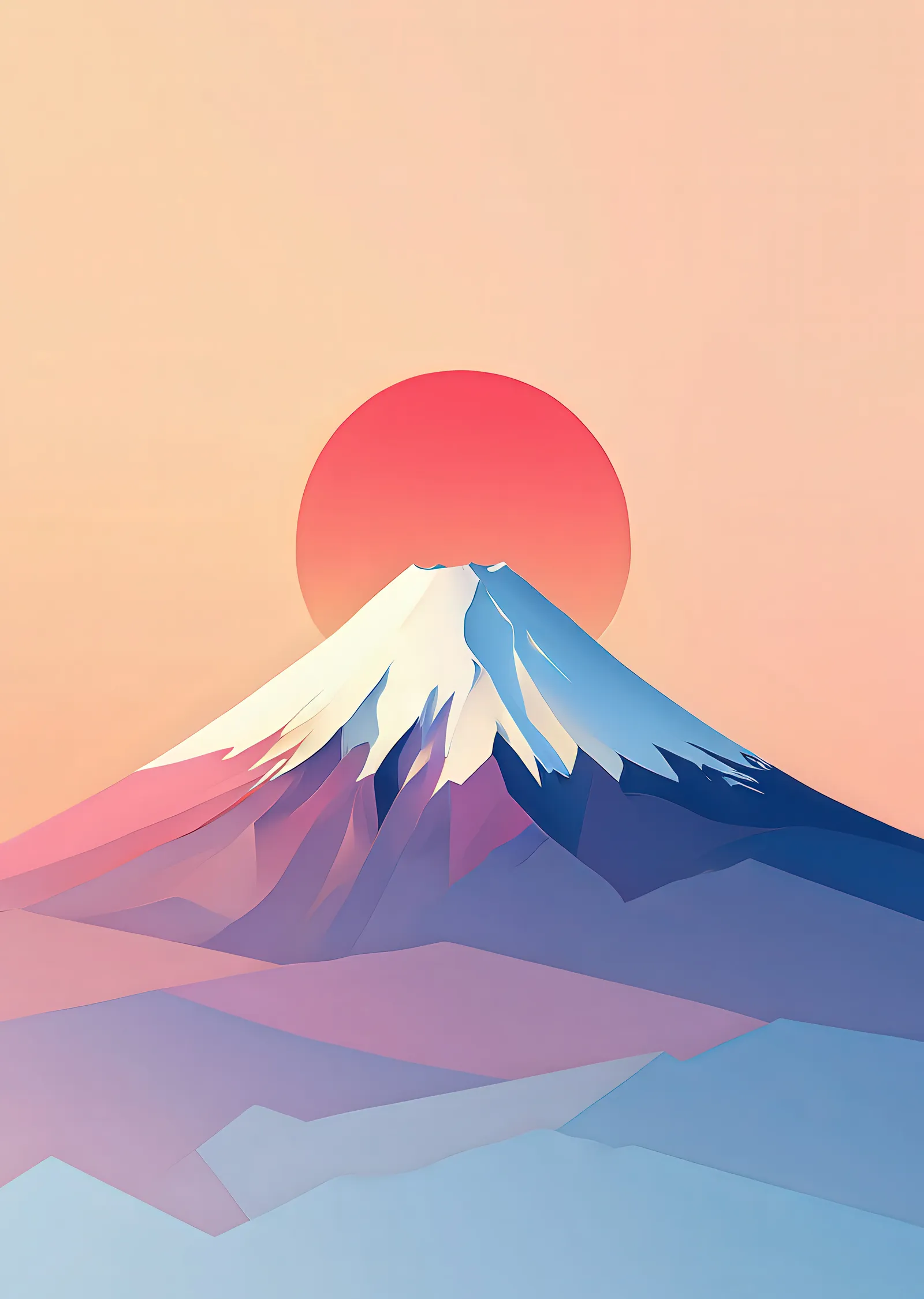 Pembe ve Mavi Tonlarında Minimalist Fuji Dağı metal tablo