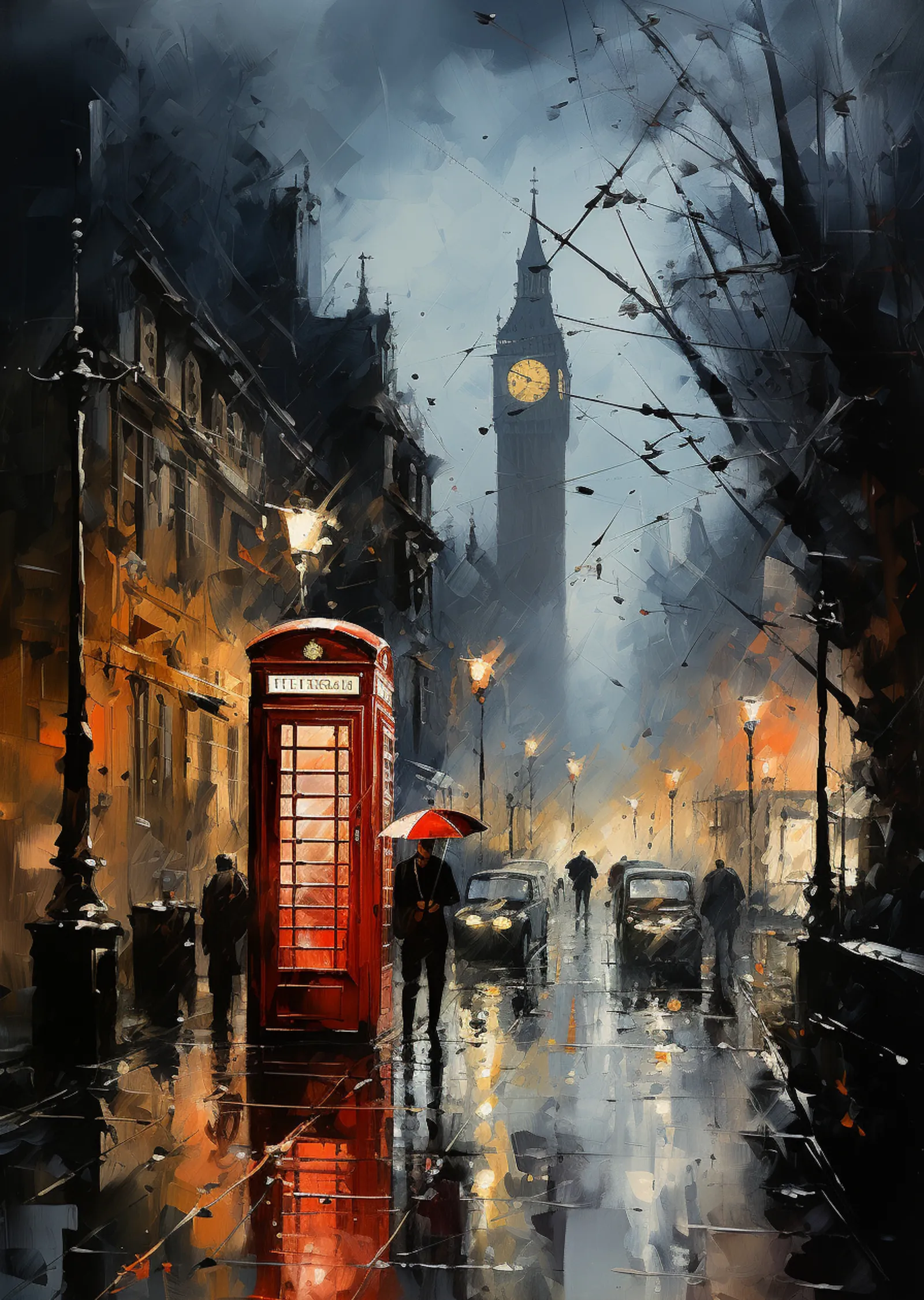 Yağmurlu Sokakta Kırmızı Telefon Kulübesi ve Big Ben metal tablo