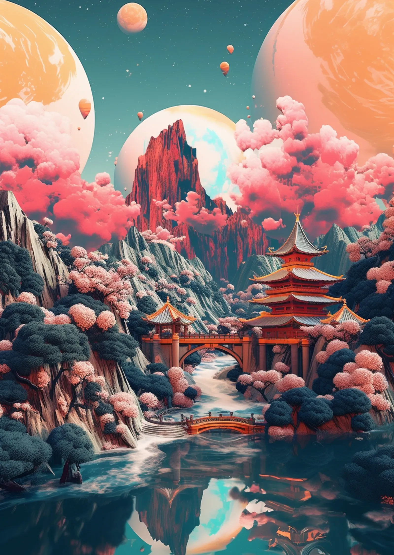 Pagoda ve Uzay Manzarası metal tablo