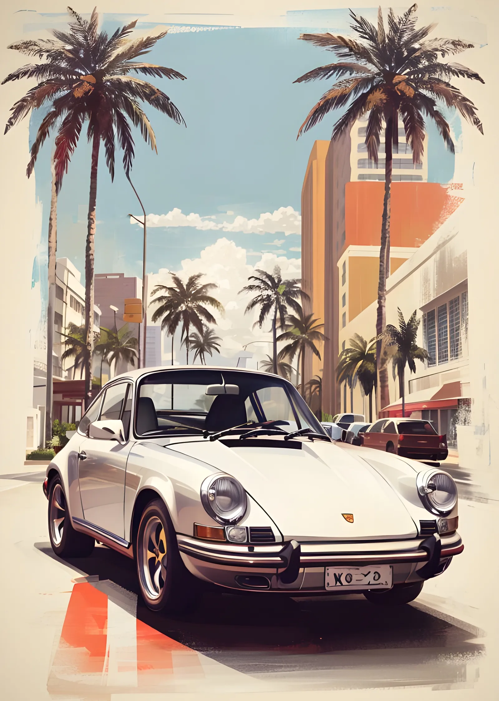 Beyaz Porsche 911 Palmiye Ağaçları Arasında metal tablo
