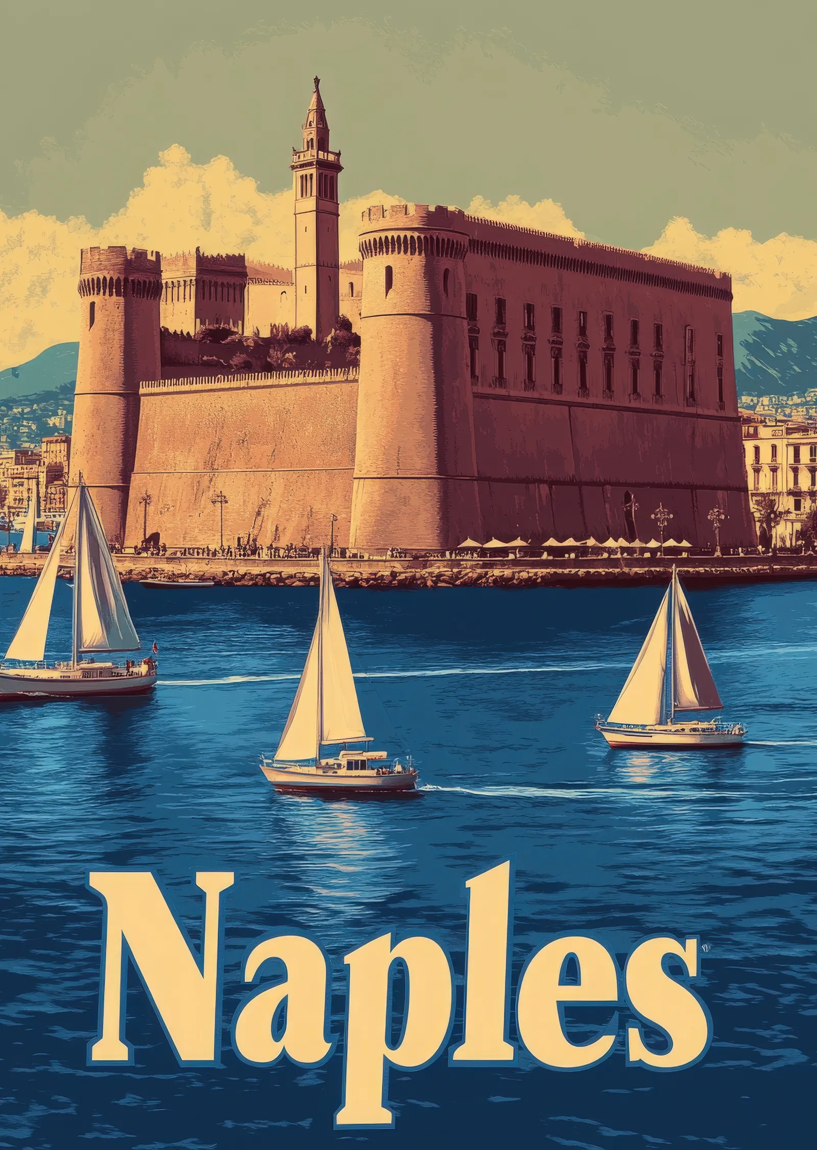 Naples: Castel Nuovo ve Liman Manzarası metal tablo