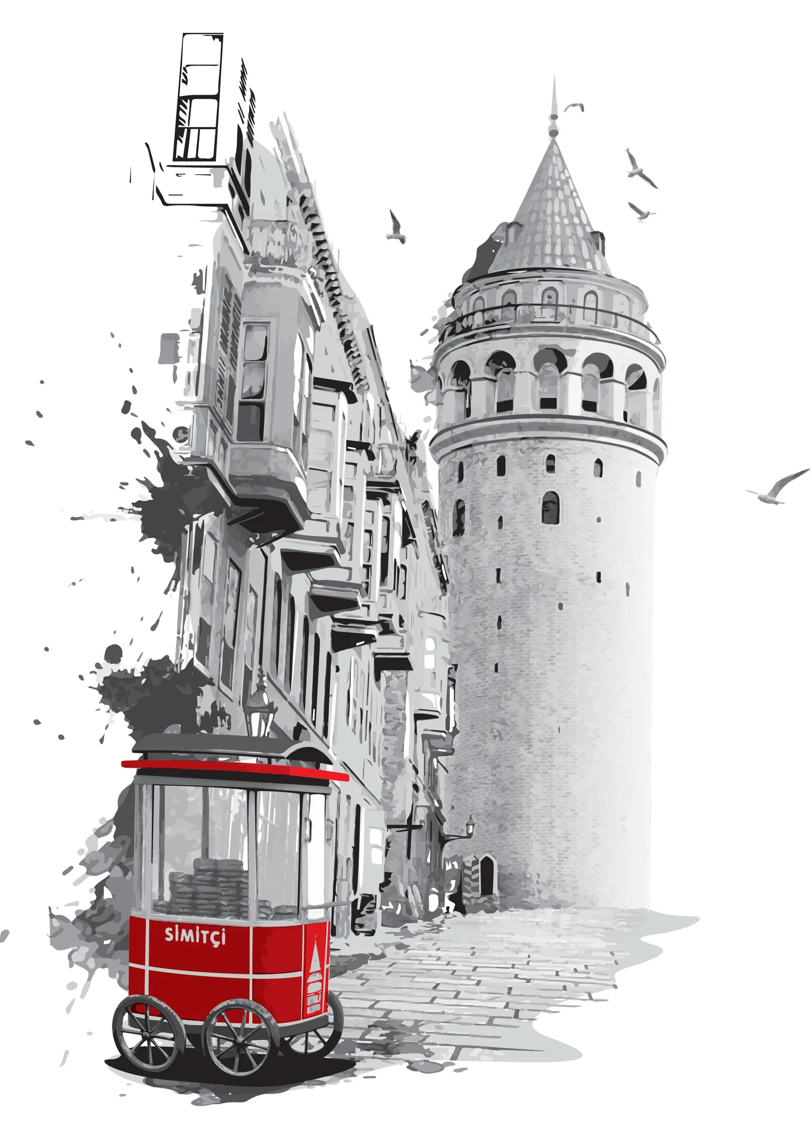 Kırmızı Simitçi Arabalı Galata Kulesi metal tablo