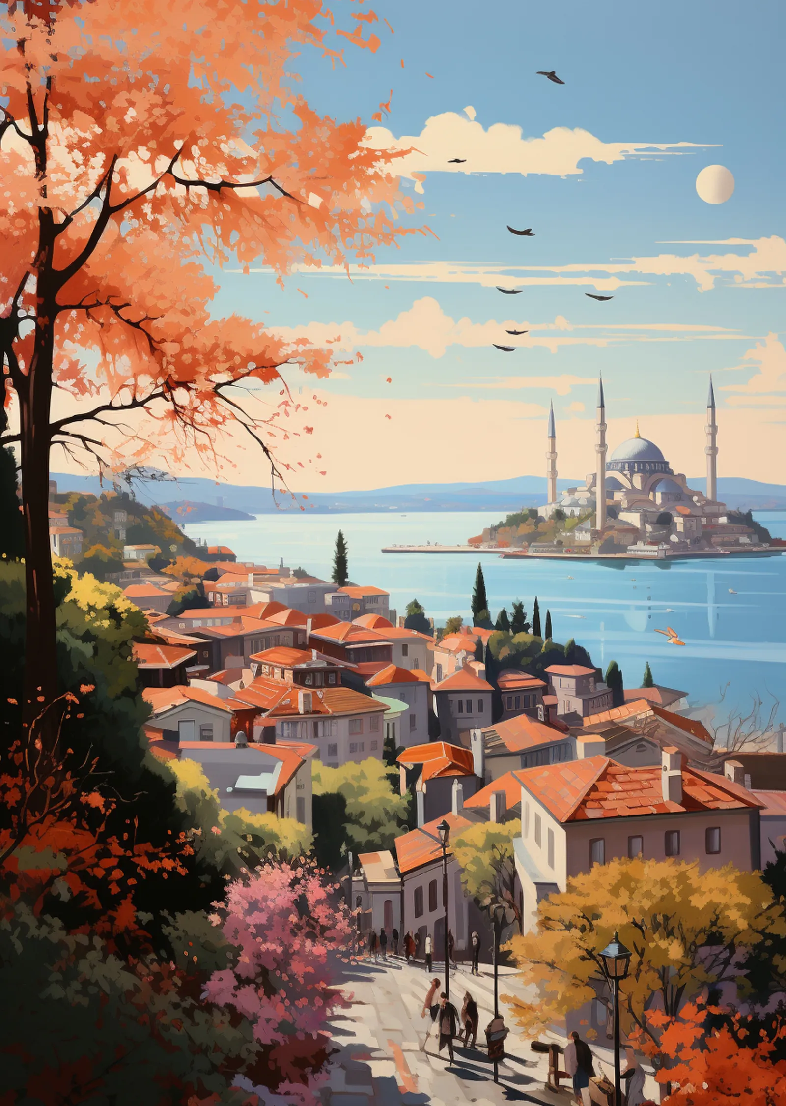 Turuncu Ağaçlıklı İstanbul Boğazı Manzarası metal tablo