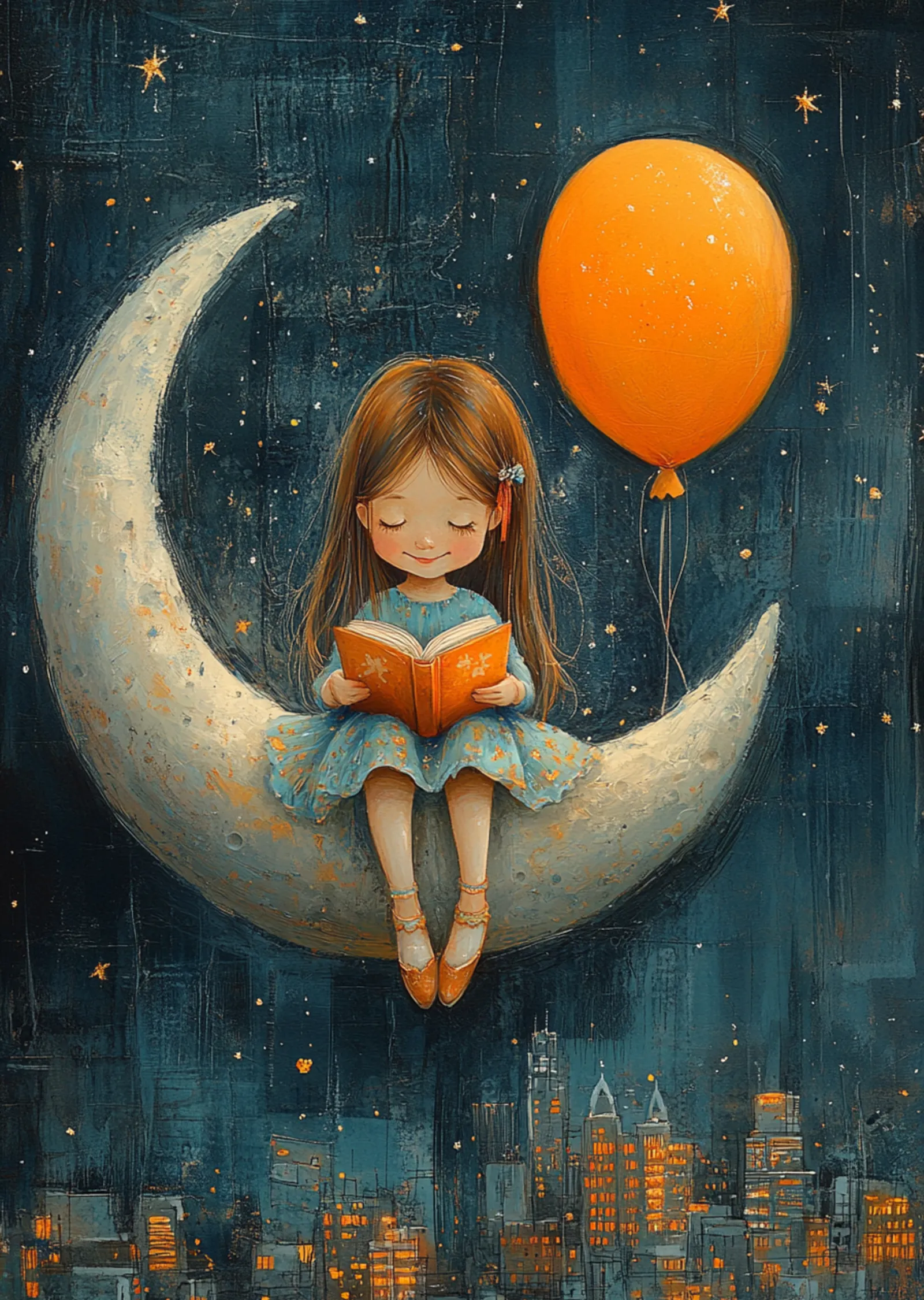 Lacivert Yıldızlı Gece Ayda Kitap Okuyan Kız Turuncu Balon metal tablo