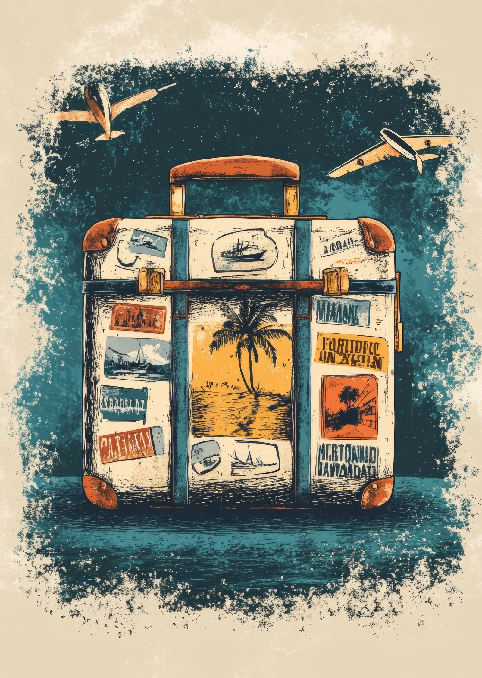 Vintage Seyahat Bavulu ve Tropikal Palmiye İllüstrasyonu metal tablo