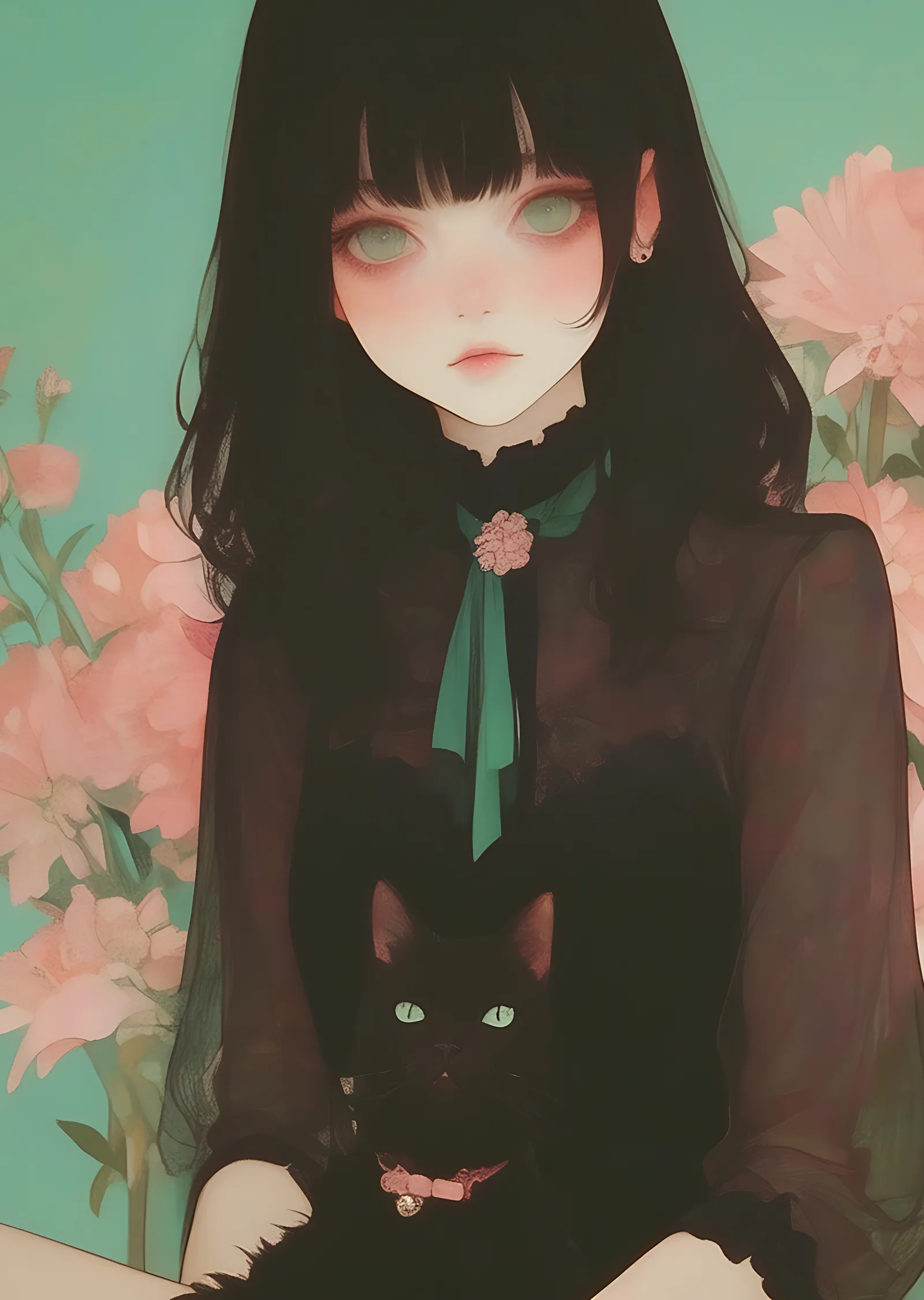 Anime Kız ve Kara Kedi metal tablo