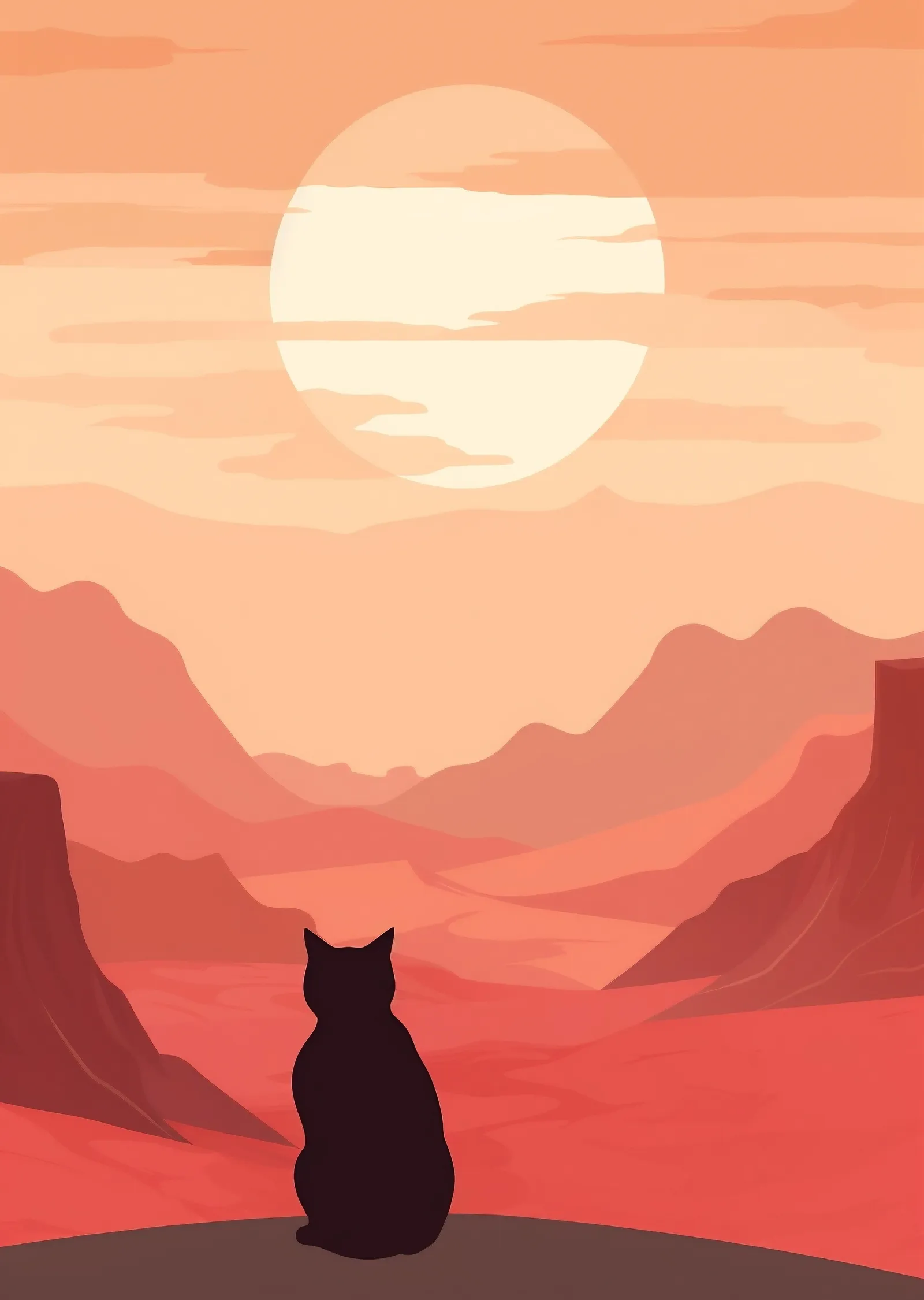 Kedi ve Kırmızı Güneş Manzarası metal tablo