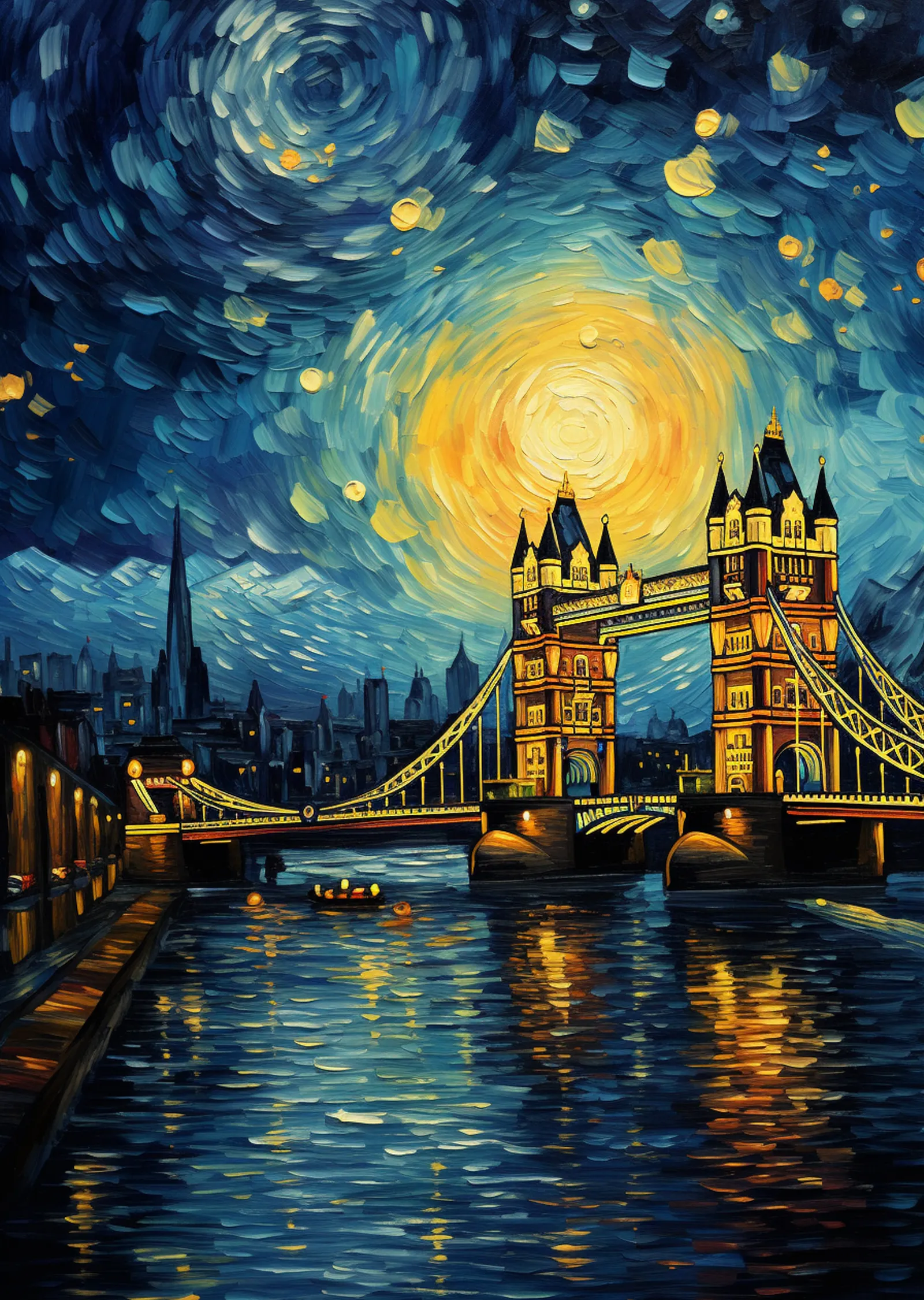 Tower Bridge - Yıldızlı Gece - Lacivert Mavi Dalgalı Gökyüzü metal tablo