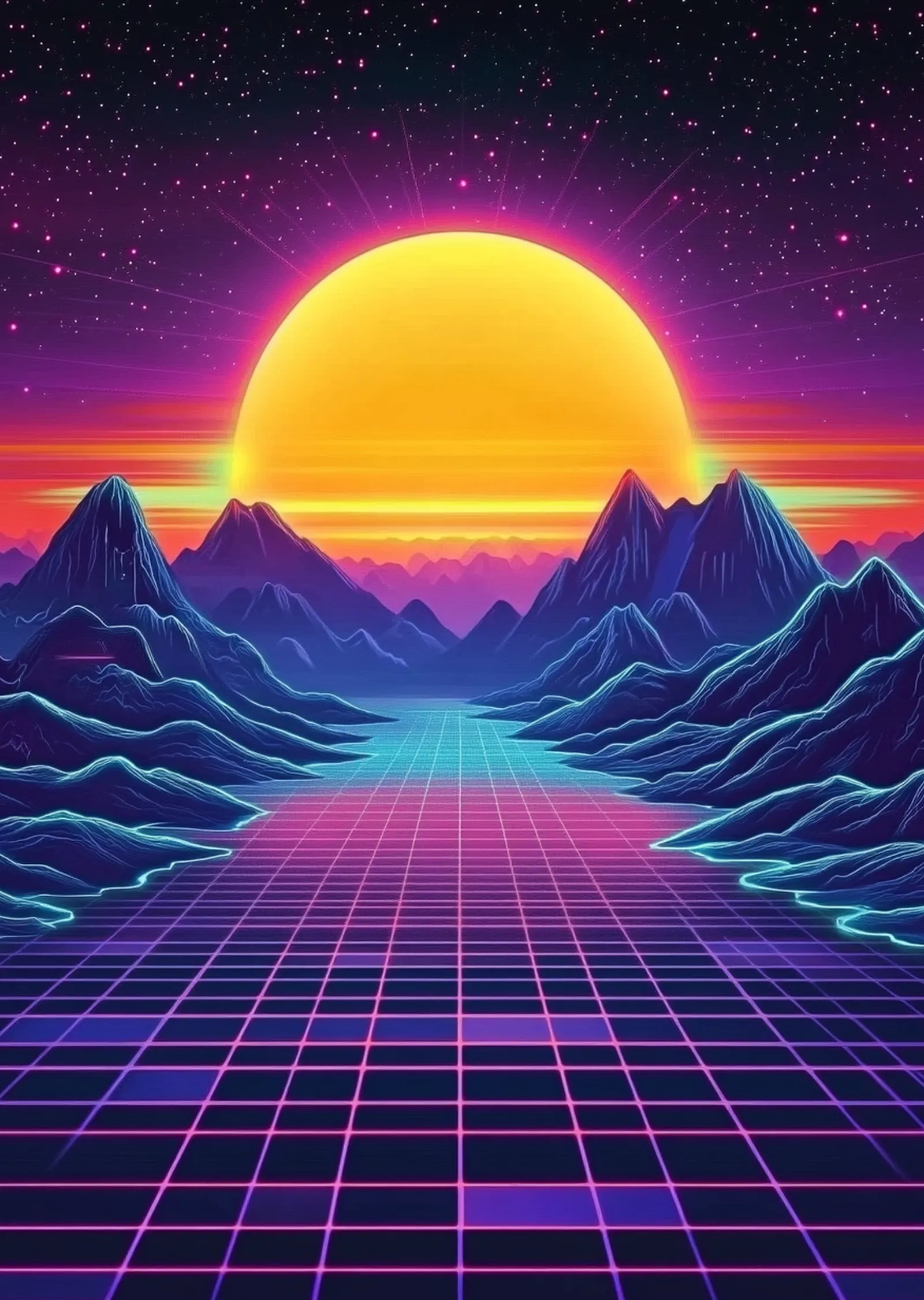 Retro Dağ Manzarası ve Güneş metal tablo