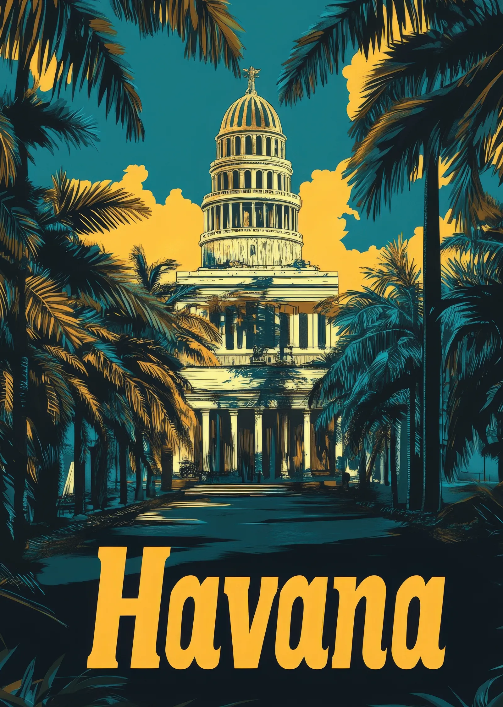 Havana: Tropikal Mimari ve Palmiye Manzarası metal tablo