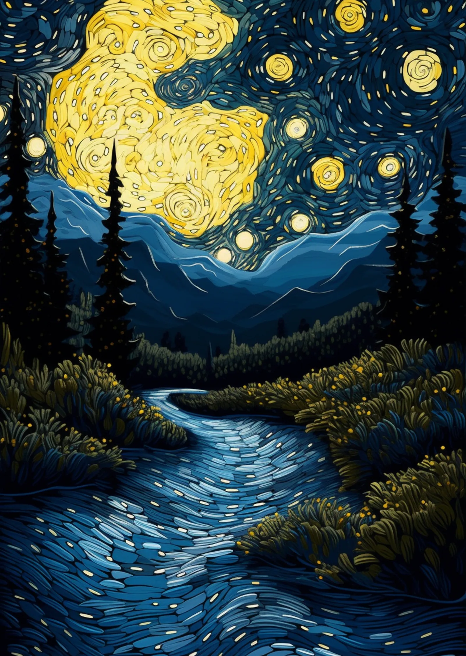 Vincent van Gogh Yıldızlı Gece: Akan Su, Karanlık Orman ve metal tablo