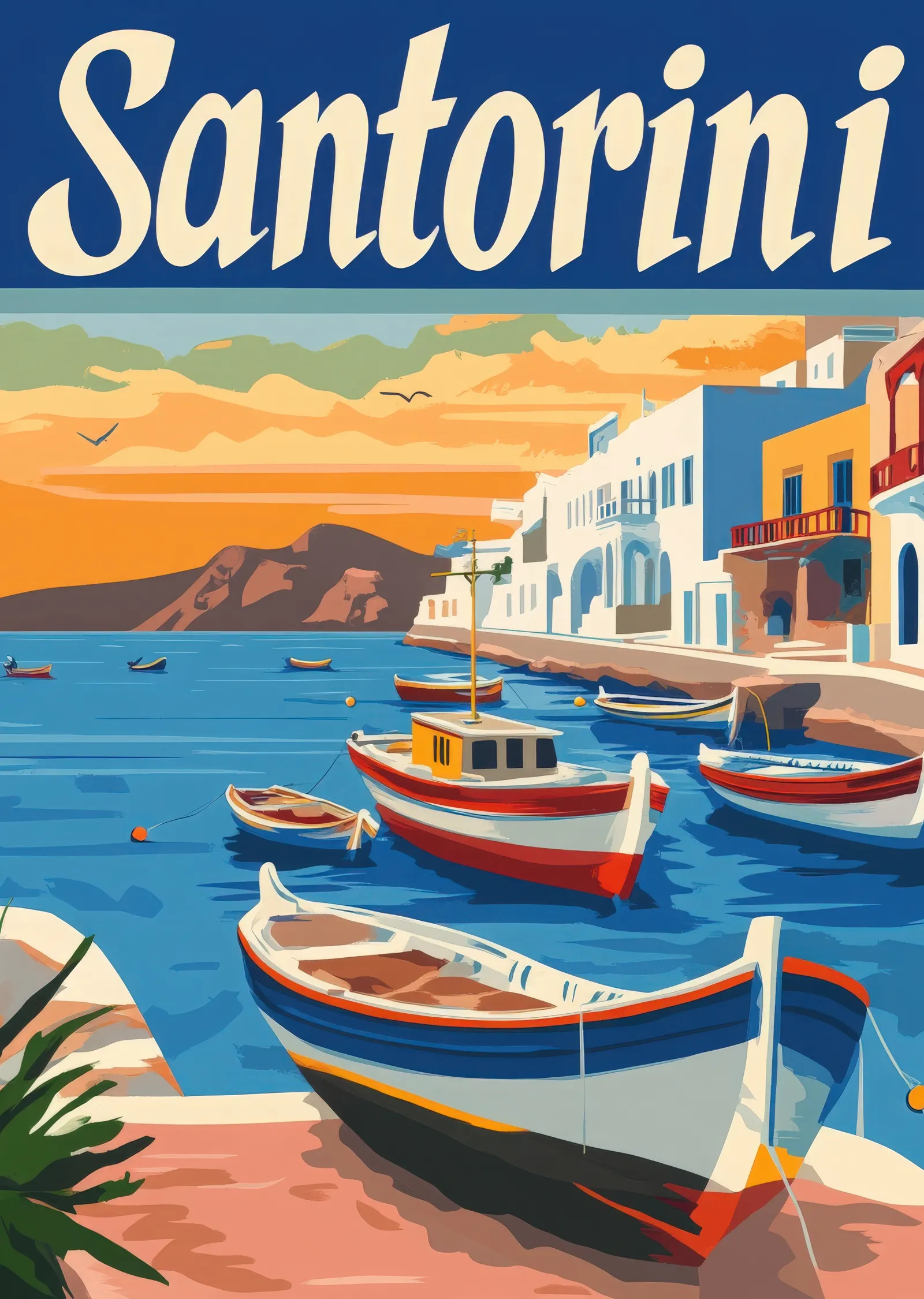 Santorini: Mavi ve Kırmızı Tekneli Kıyı metal tablo