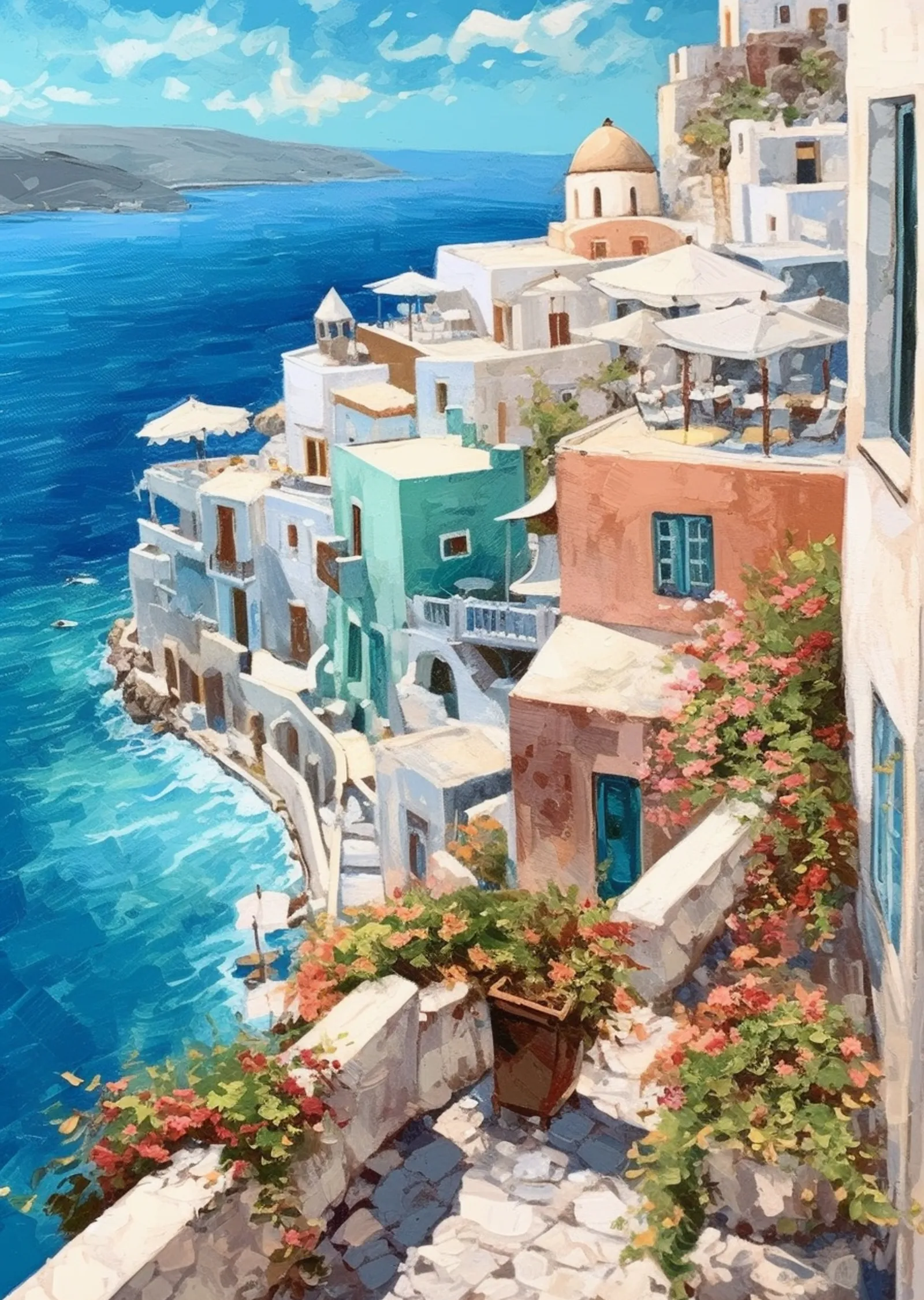 Santorini'nin Mavi ve Turuncu Tonlardaki Kıyısı metal tablo