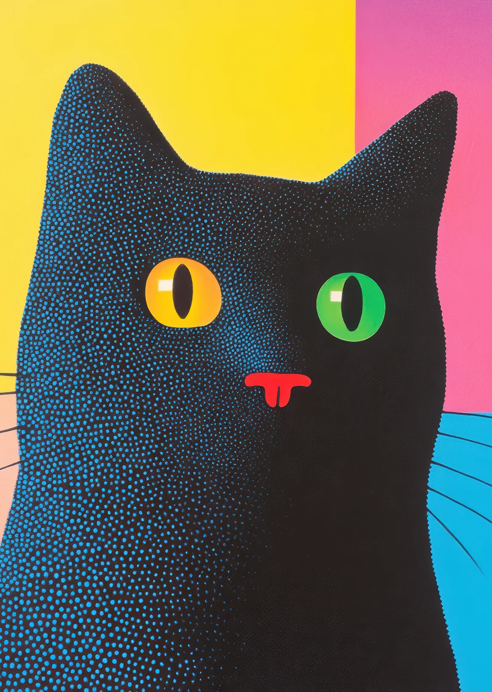 Siyah Noktalı Kedi İllüstrasyonu - Sarı, Pembe ve Mavi Fon metal tablo
