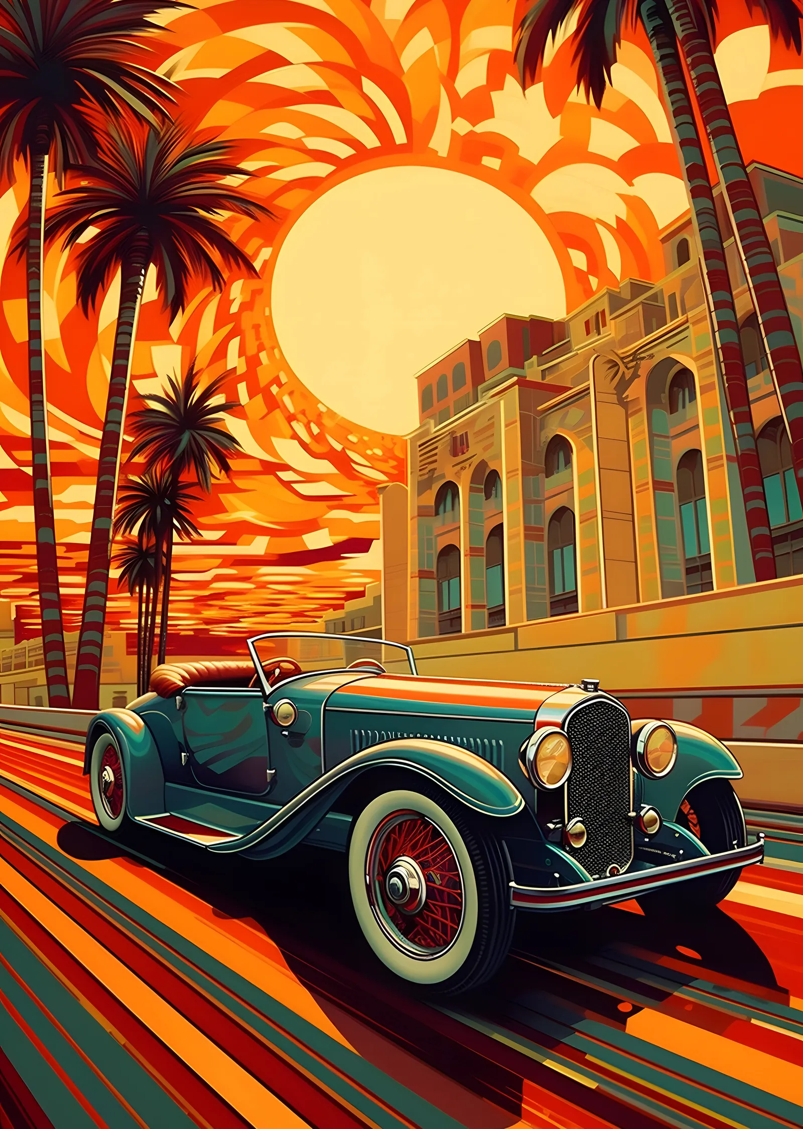 Retro Araba ile Palmiyeli Yolculuk metal tablo