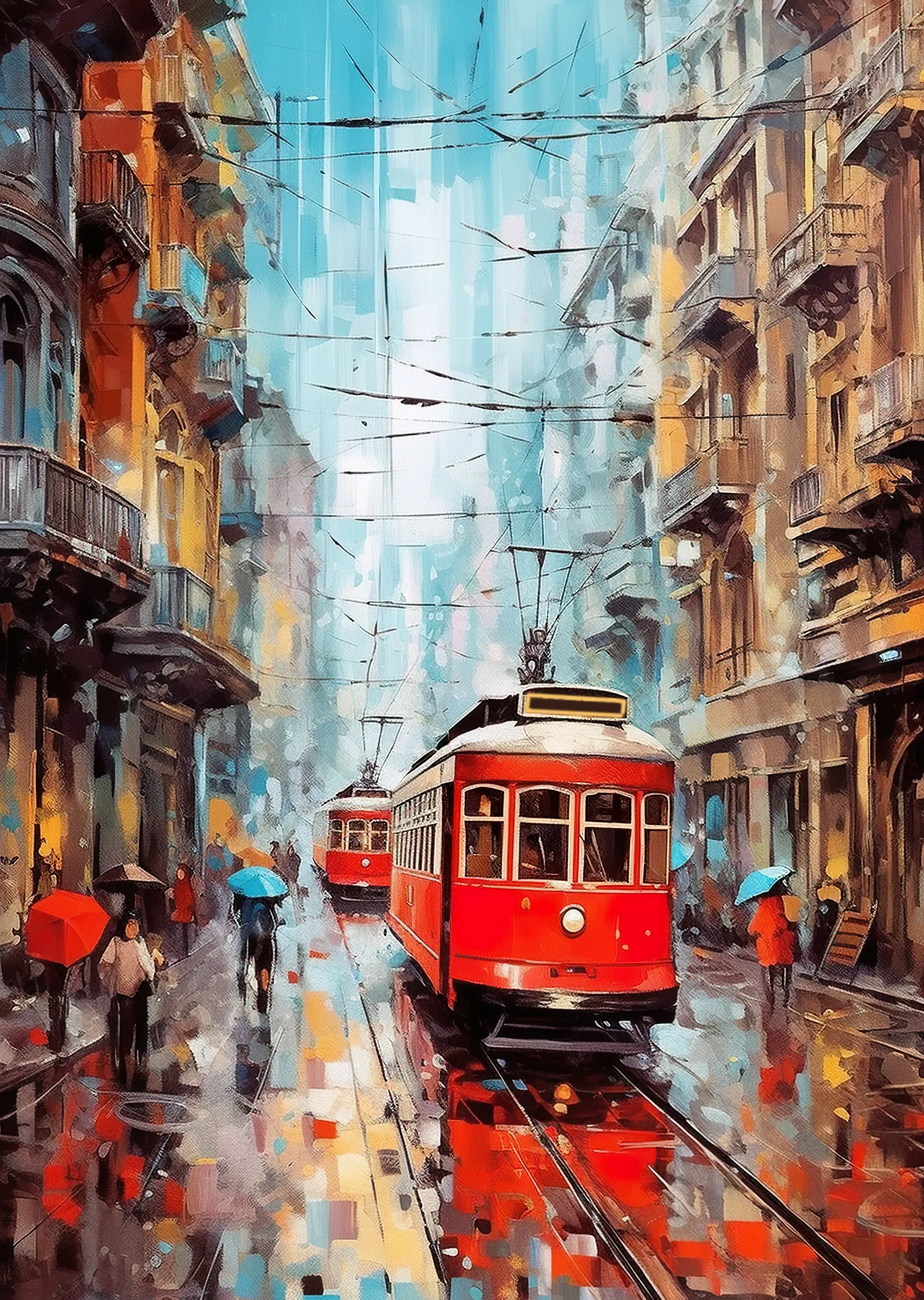 Kırmızı Tramvaylı Yağmurlu Sokak metal tablo