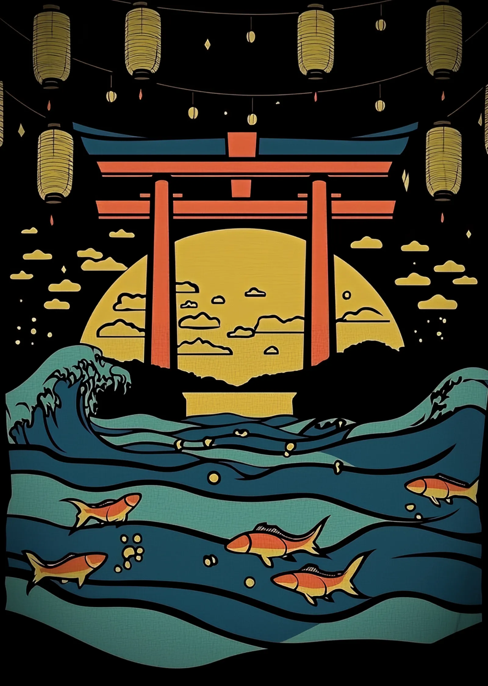 Japon Torii ve Dalga İllüstrasyonu metal tablo
