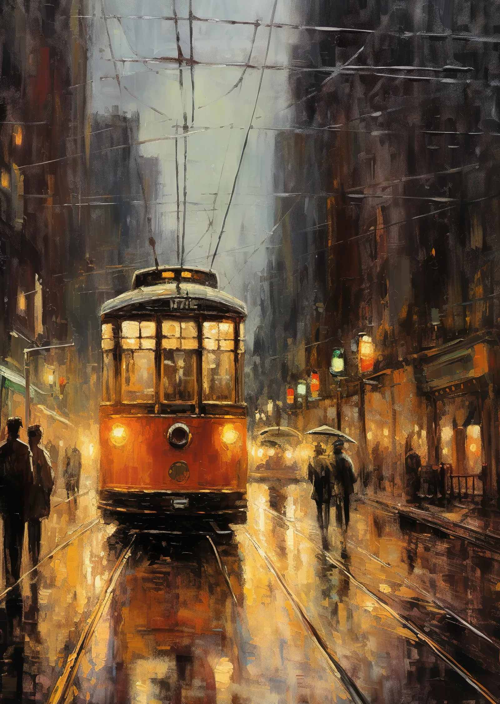 Yağmurlu Şehirde Tramvay metal tablo