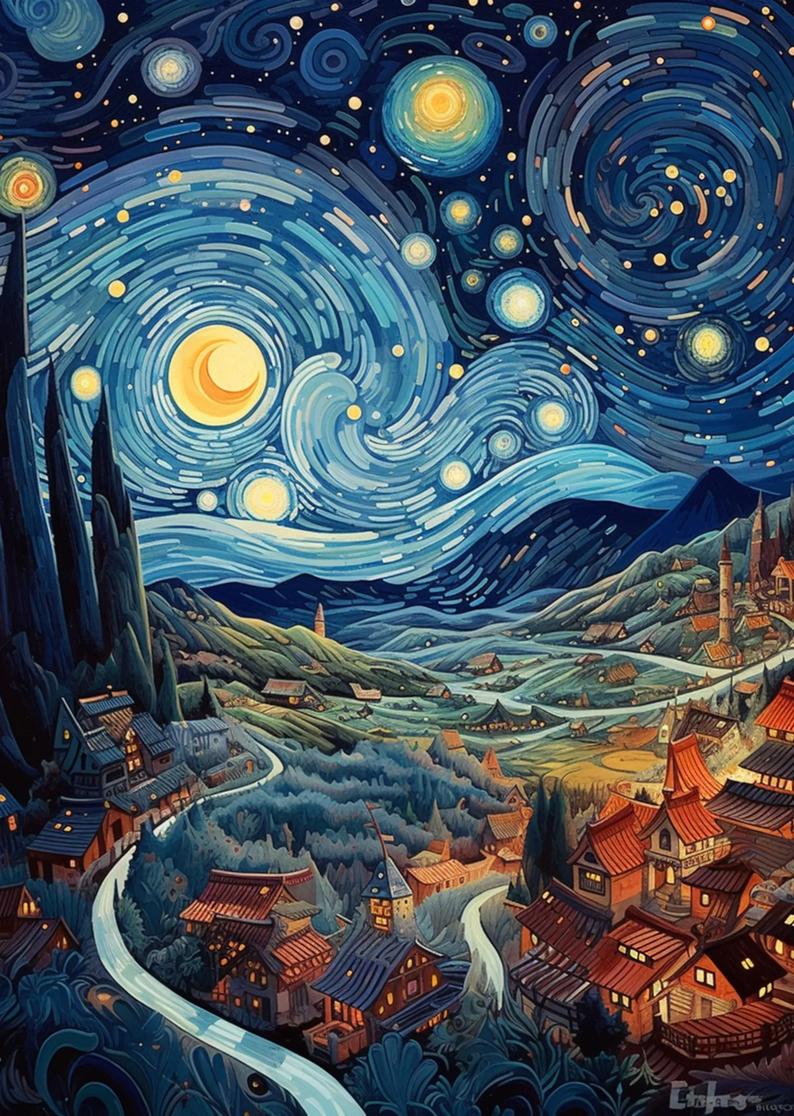 Vincent van Gogh'un Yıldızlı Gece Manzarasında Turuncu ve metal tablo