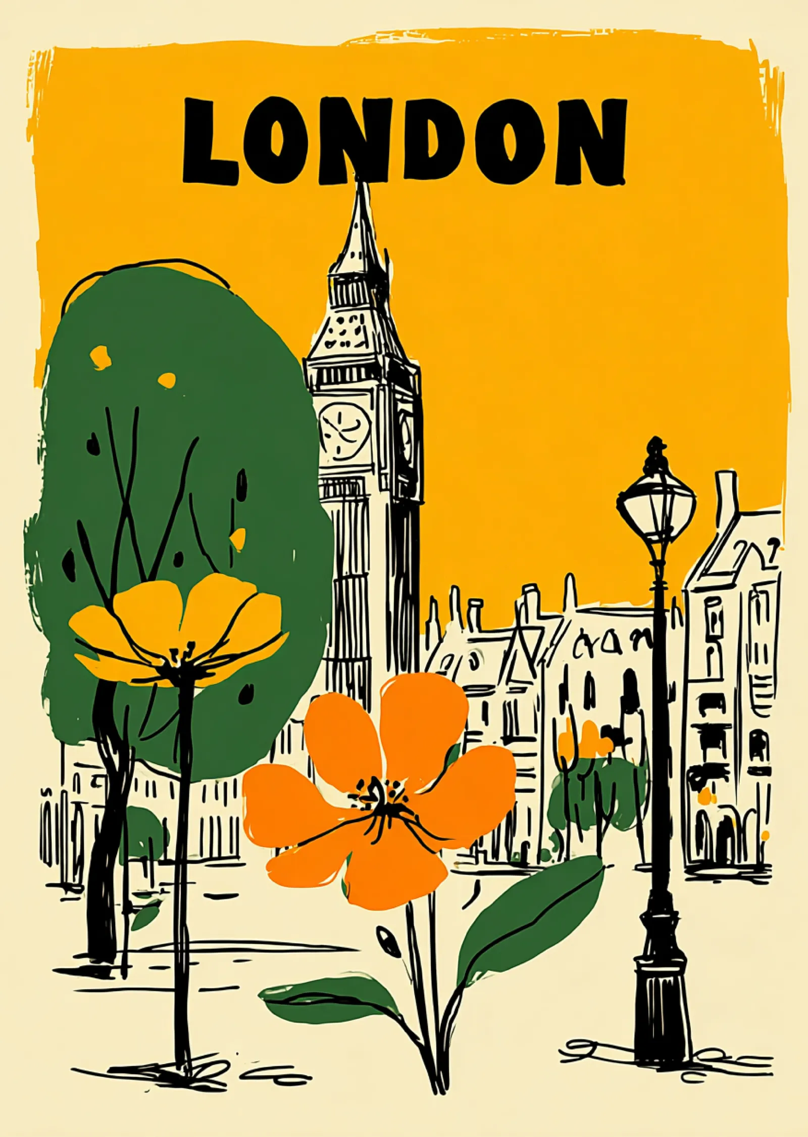London: Big Ben ve Çiçekler metal tablo