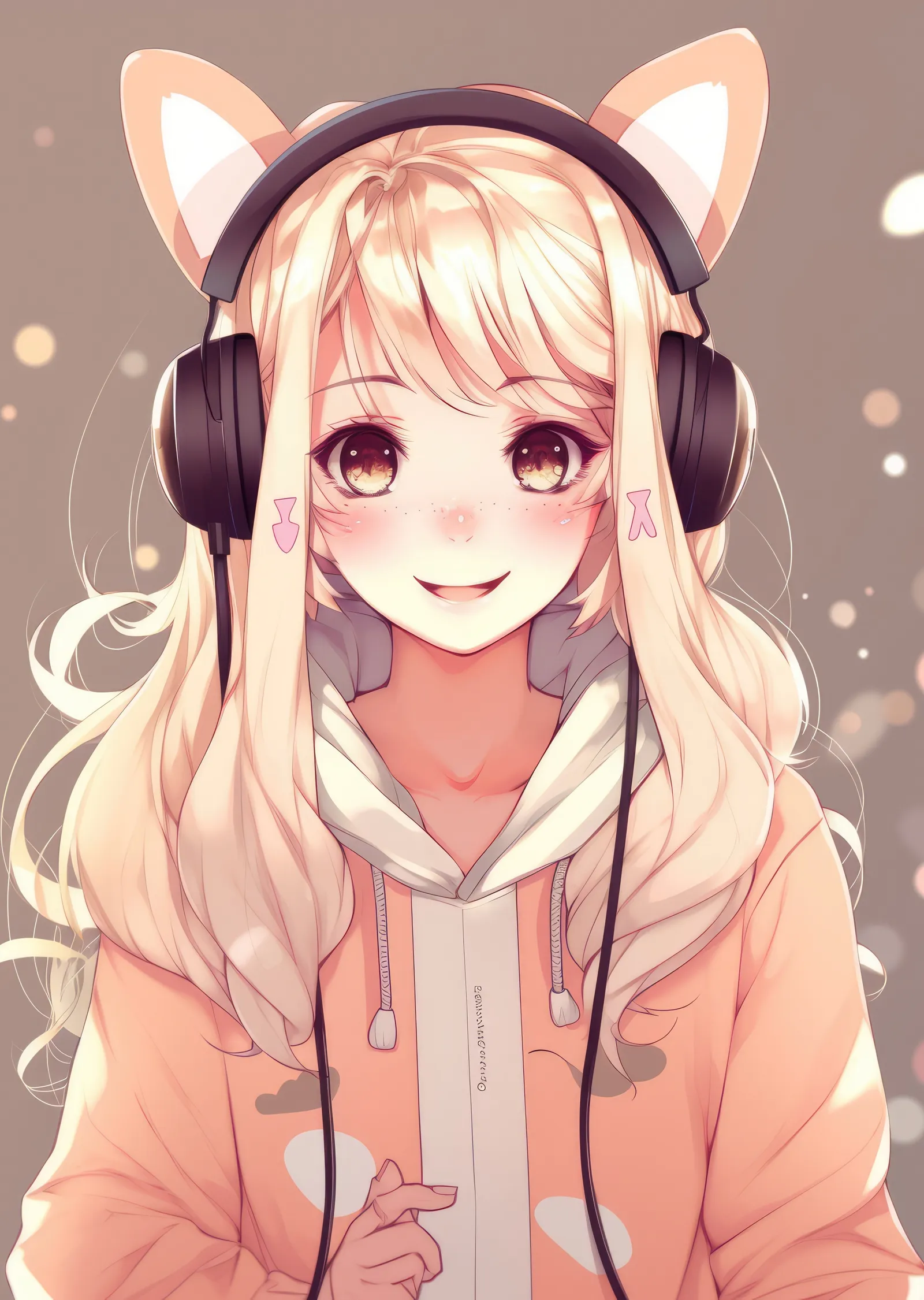 Kawaii Anime Kız Turuncu Kazaklı Kulaklık metal tablo