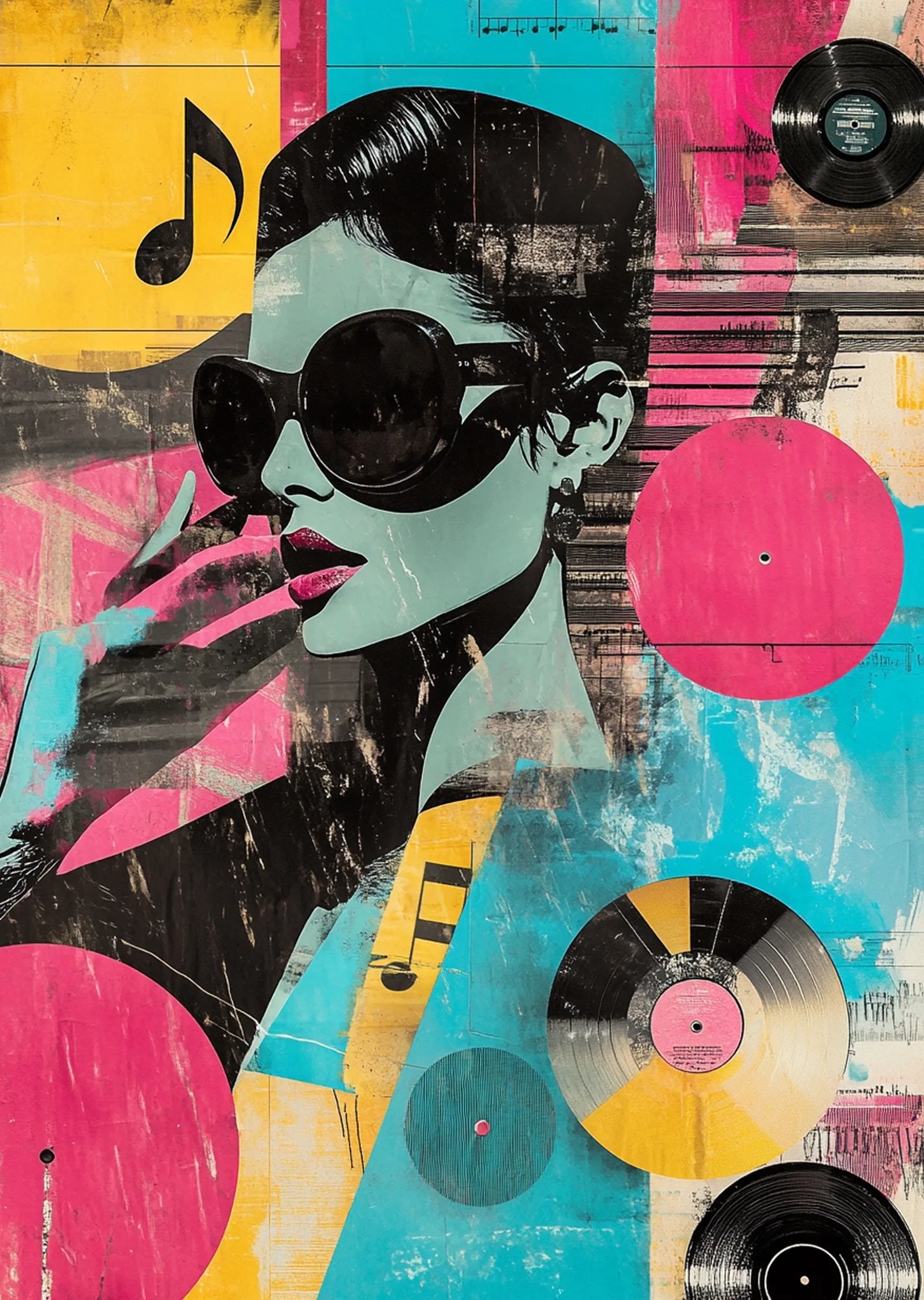 Retro Müzik Poster - Siyah Kadın ve Vinil Plak metal tablo