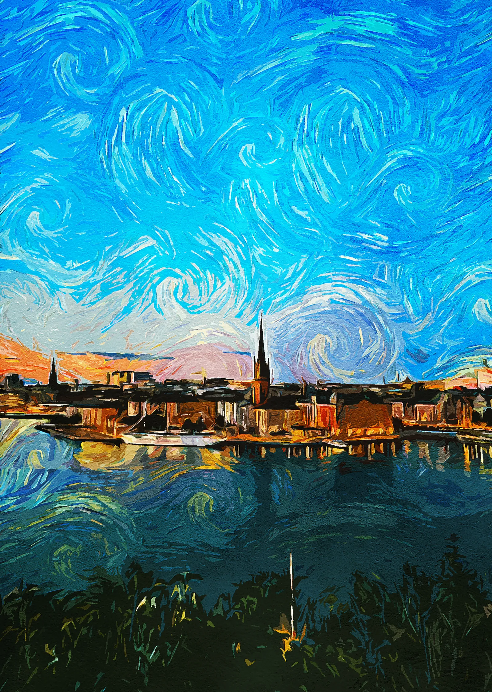 Van Gogh Tarzı Göl Manzarası metal tablo