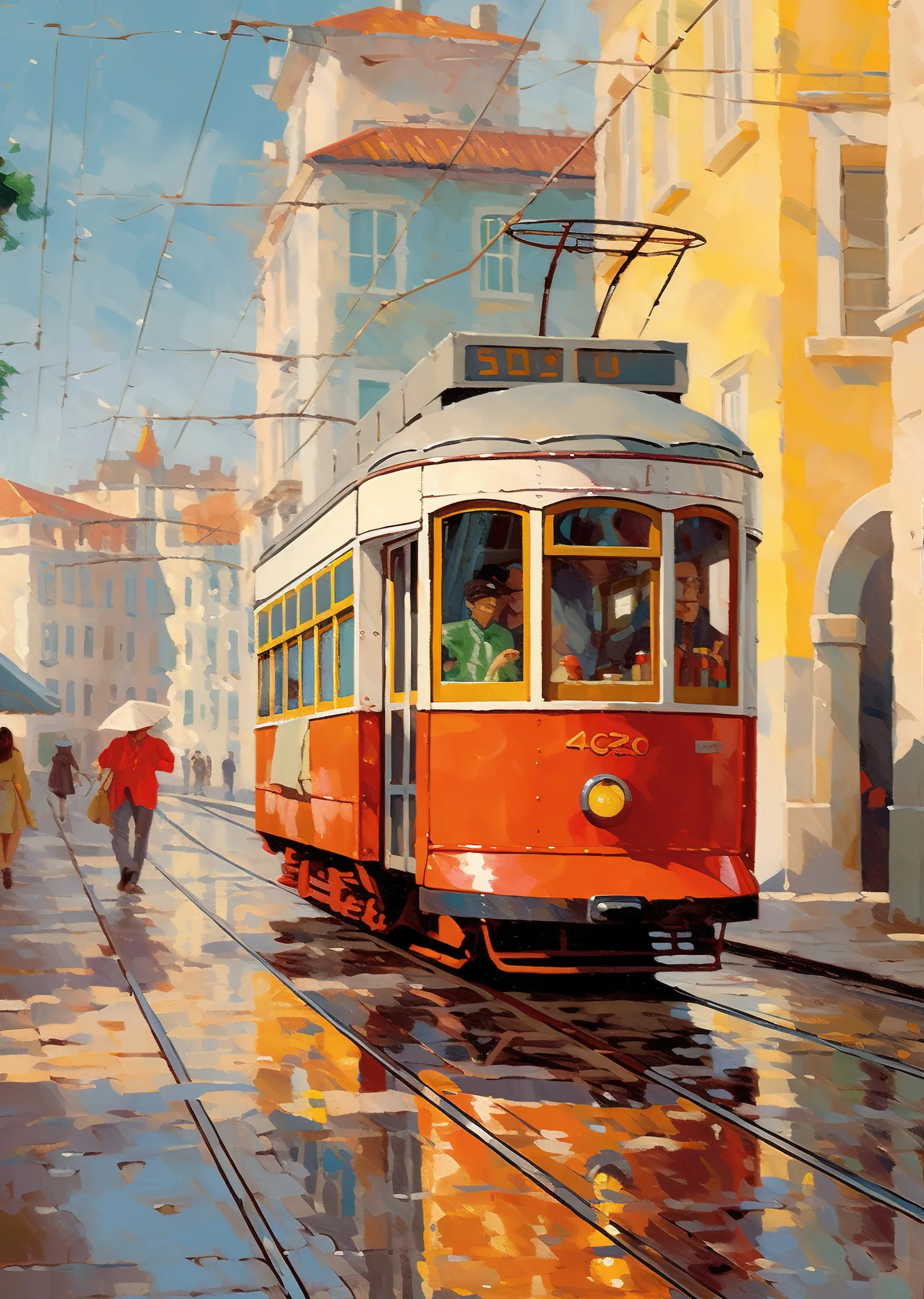 Yağmurlu Sokakta Kırmızı Tramvay metal tablo
