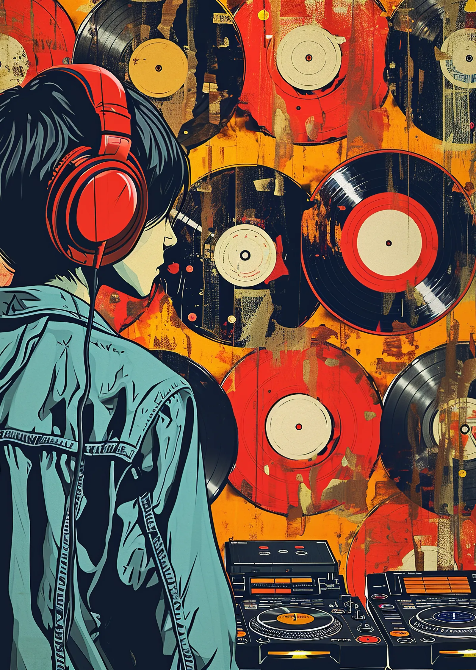 Kırmızı ve Turuncu Tonlu Vinç Plakalı DJ Kız metal tablo