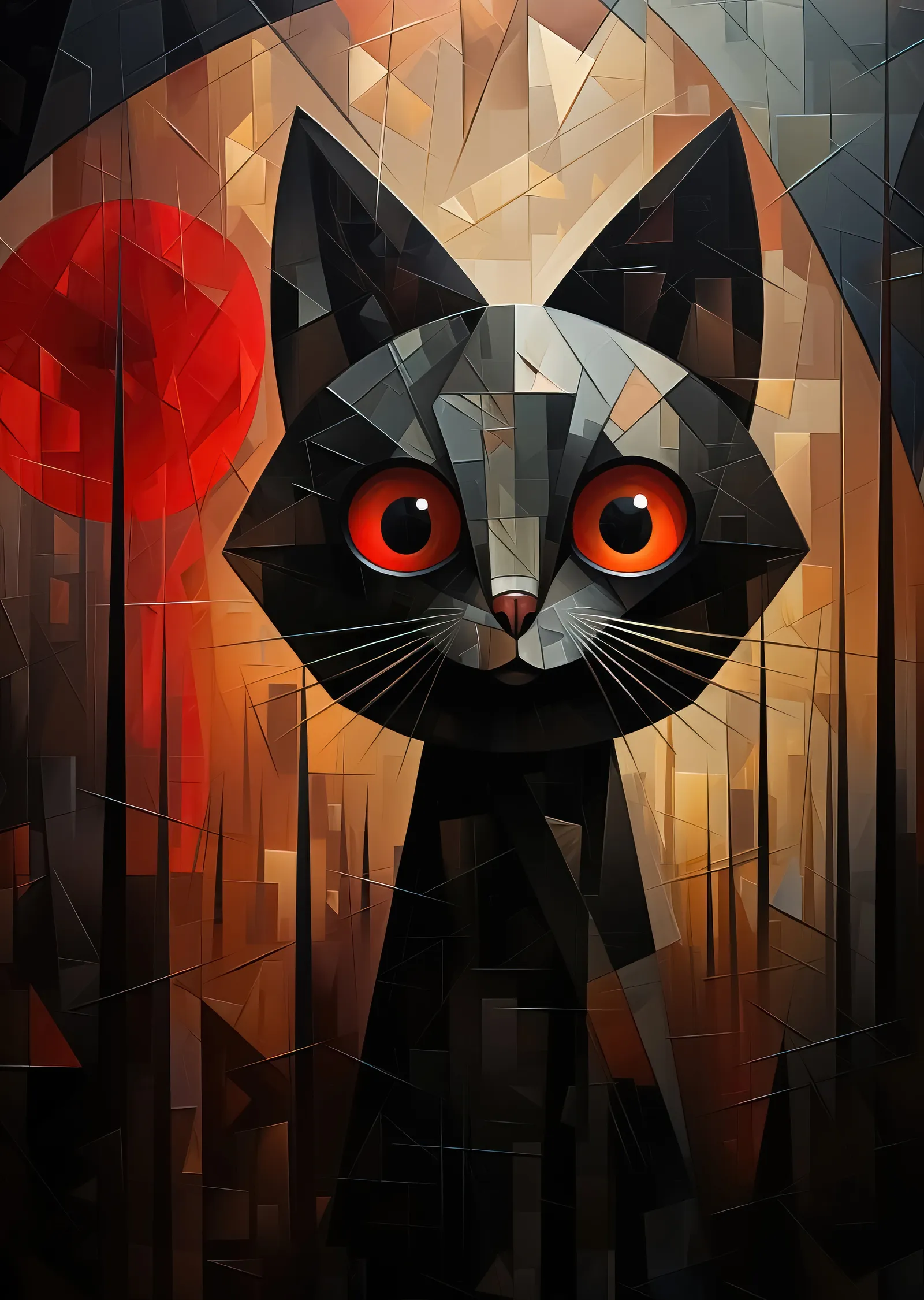 Kırmızı Gözlü Siyah Kedi - Geometrik Desen metal tablo