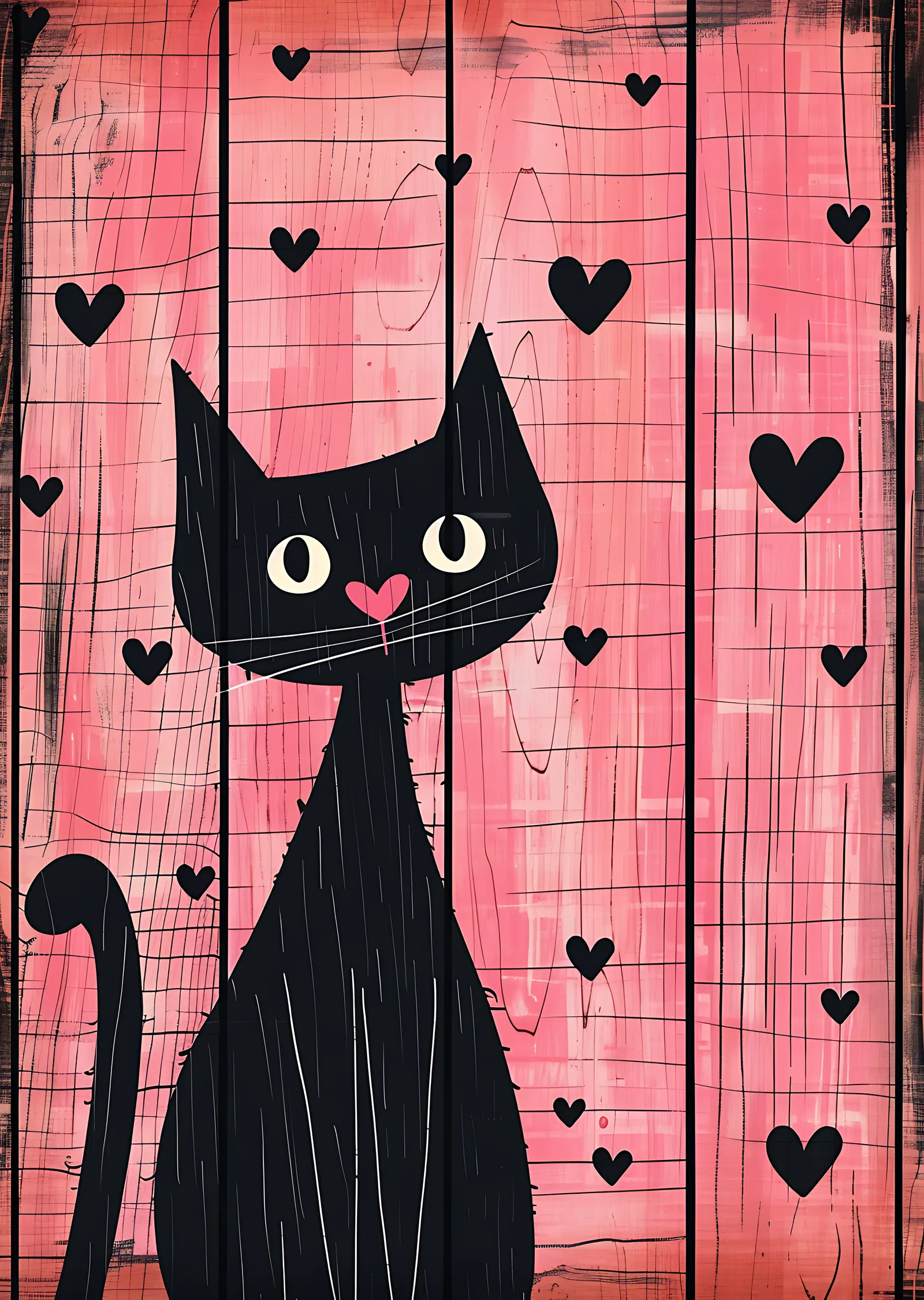 Pembe Kalp Desenli Siyah Kedi metal tablo
