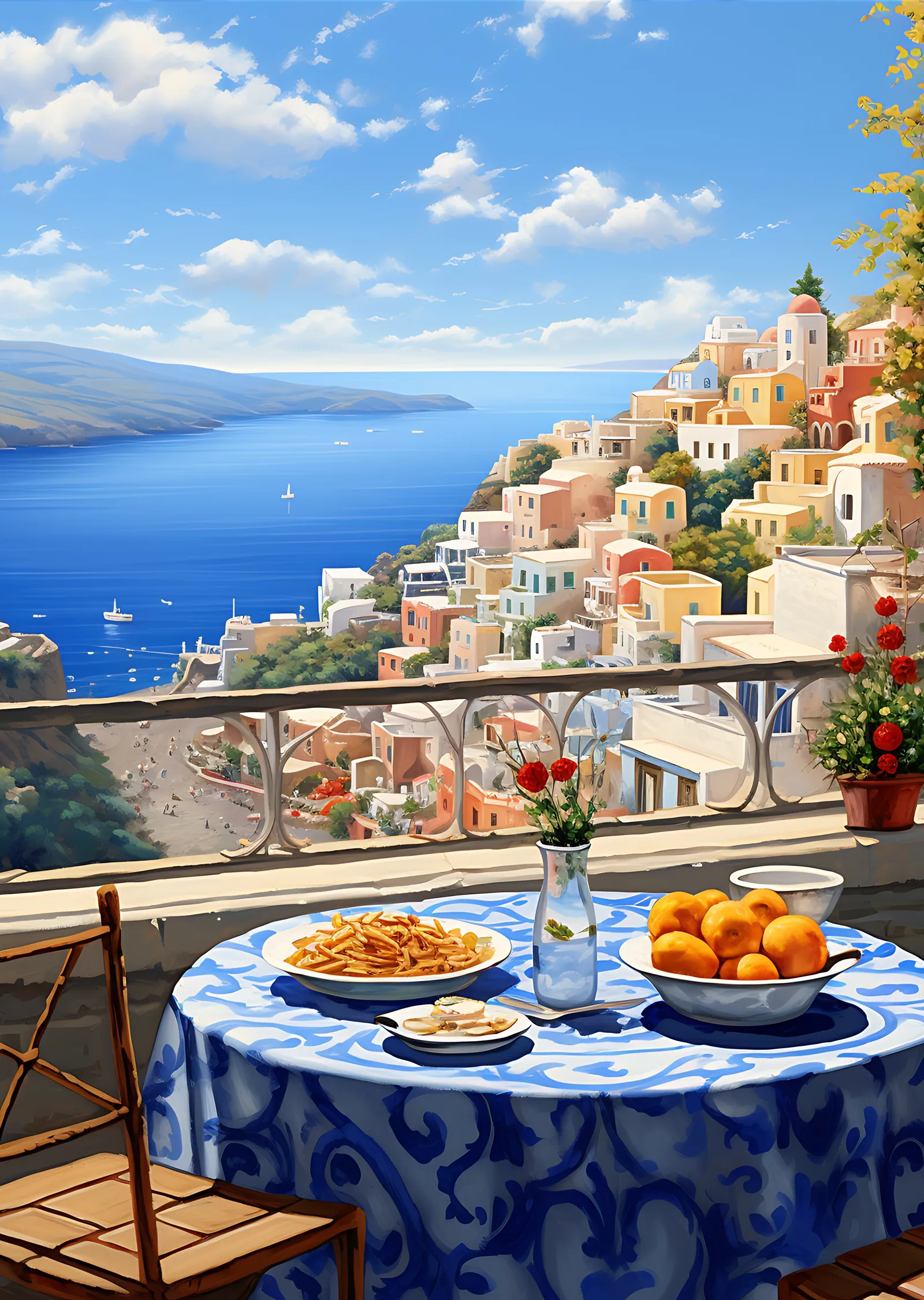 Mavi ve Beyaz Desenli Sofra Santorini metal tablo
