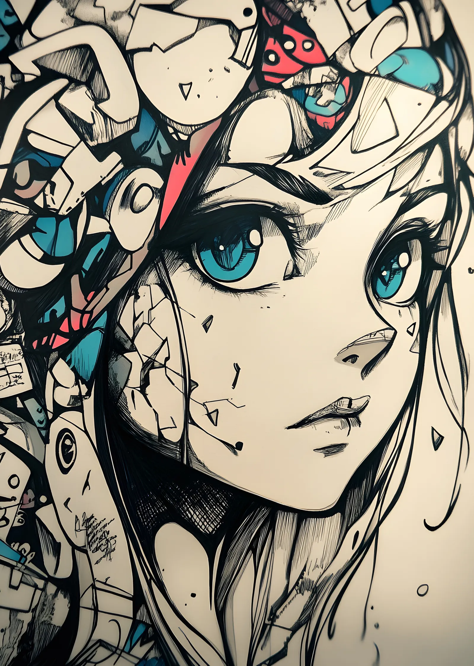 Mavi Gözlü Anime Kız Portresi - Çizgi ve Renk Detayları metal tablo