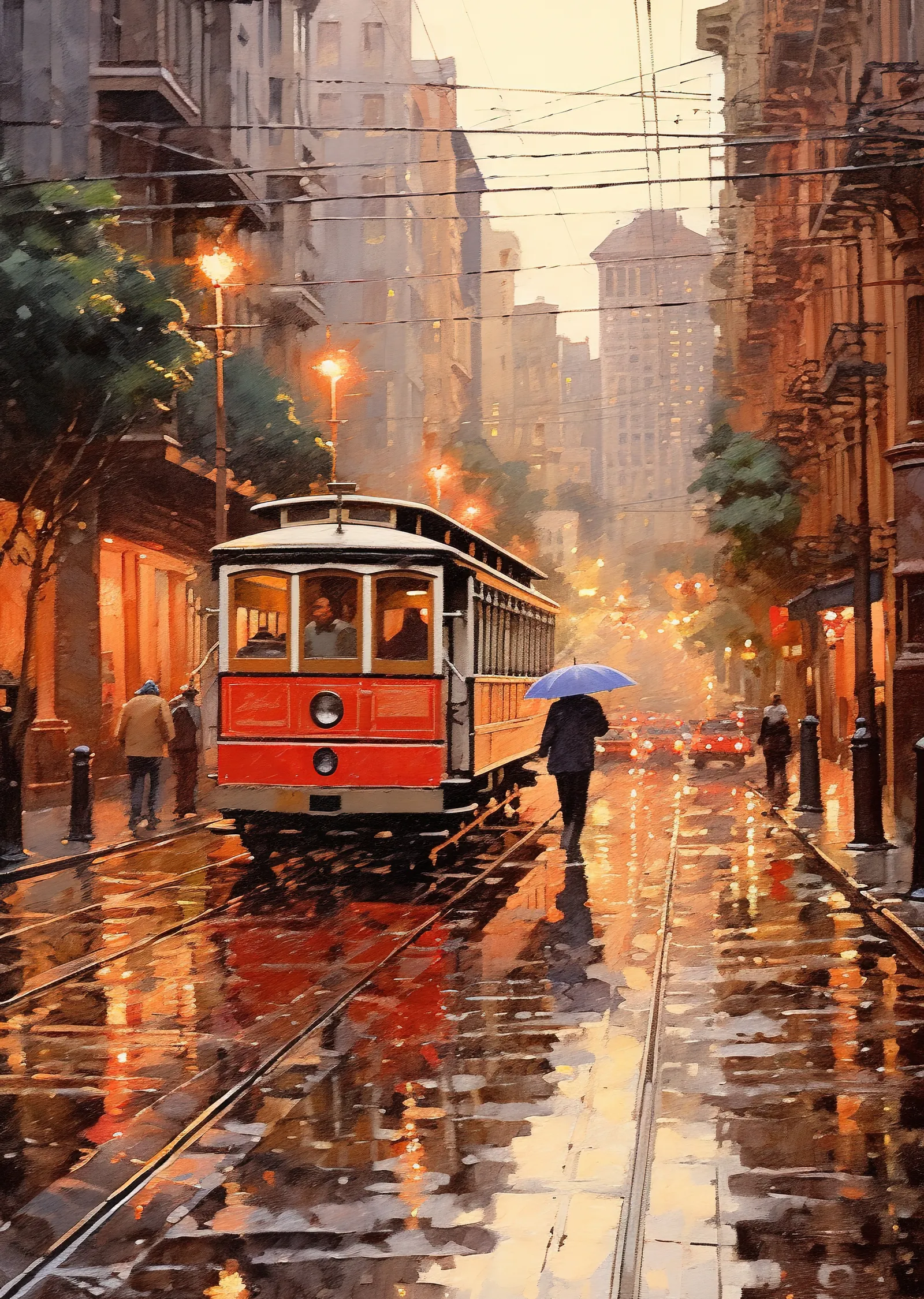 Kırmızı Tramvaylı Yağmurlu Şehir Gecesi metal tablo