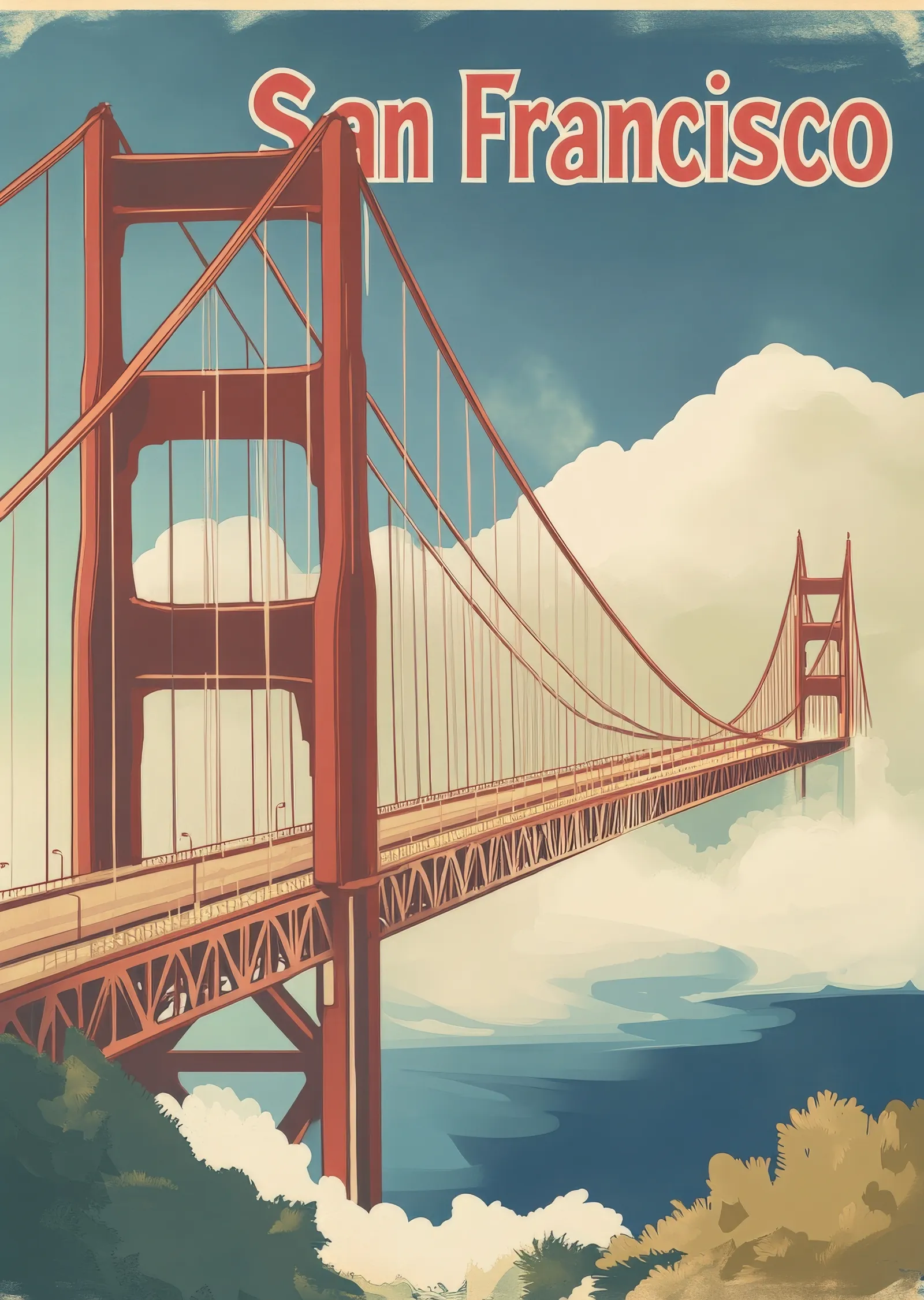 San Francisco: Golden Gate Köprüsü İllüstrasyonu metal tablo