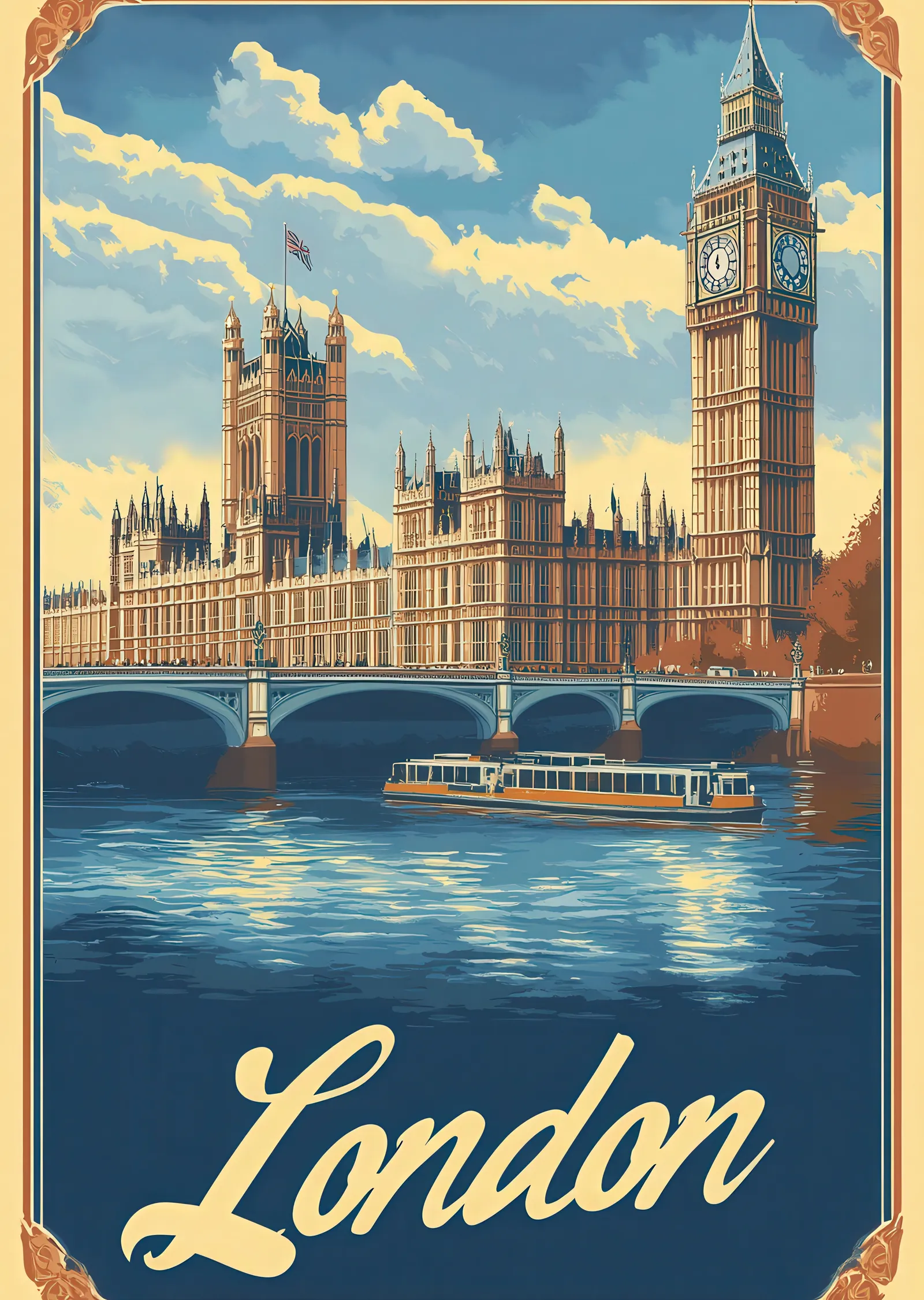 Lacivert Sular ve Sarı Yazılı Londra Manzarası metal tablo