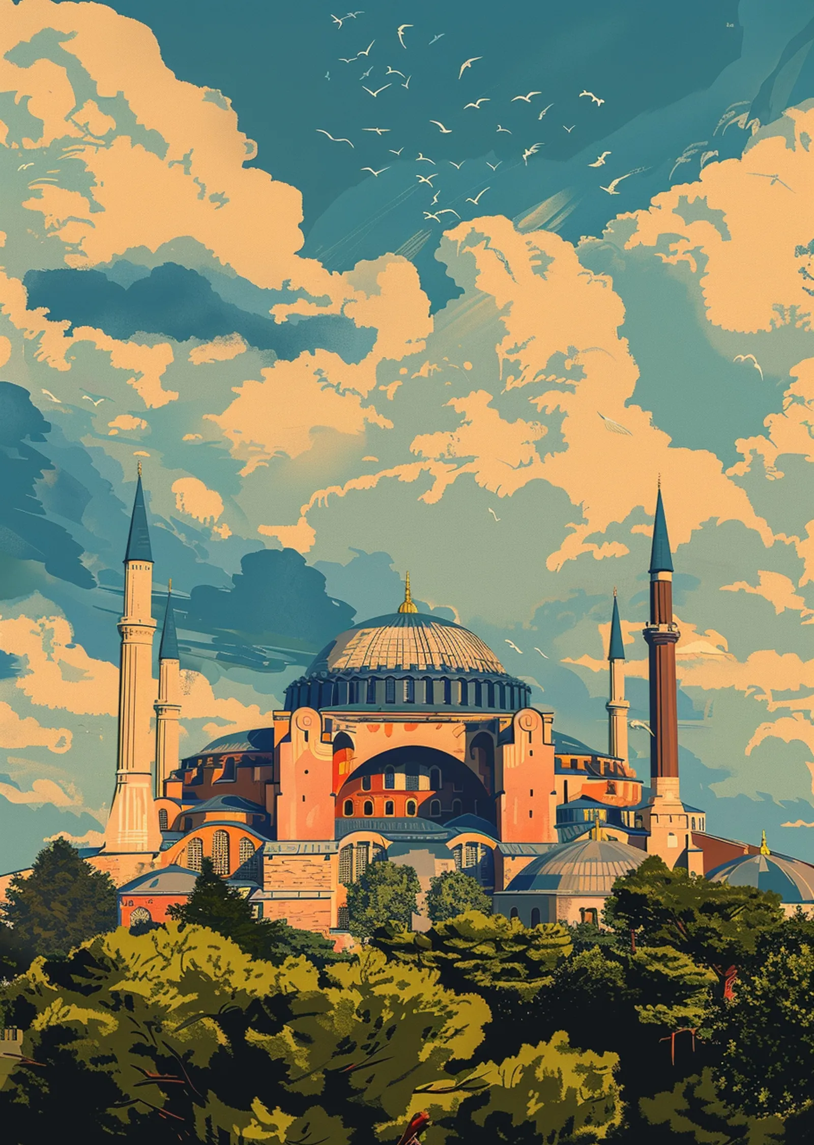 Lacivert, Turuncu ve Yeşil Tonlarında Ayasofya metal tablo