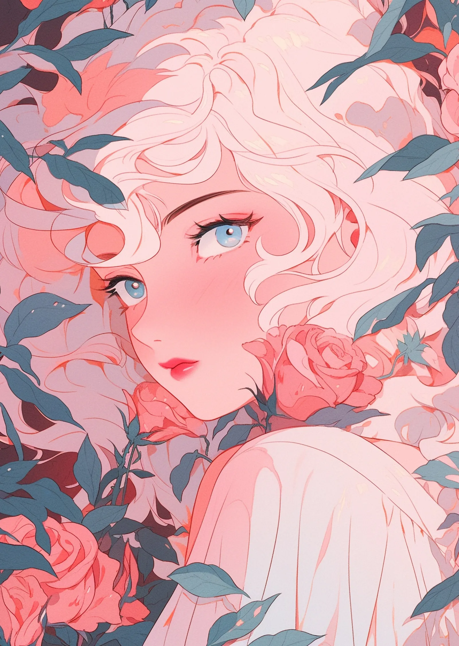 Pembe Saçlı Kız - Pembe Güllü metal tablo