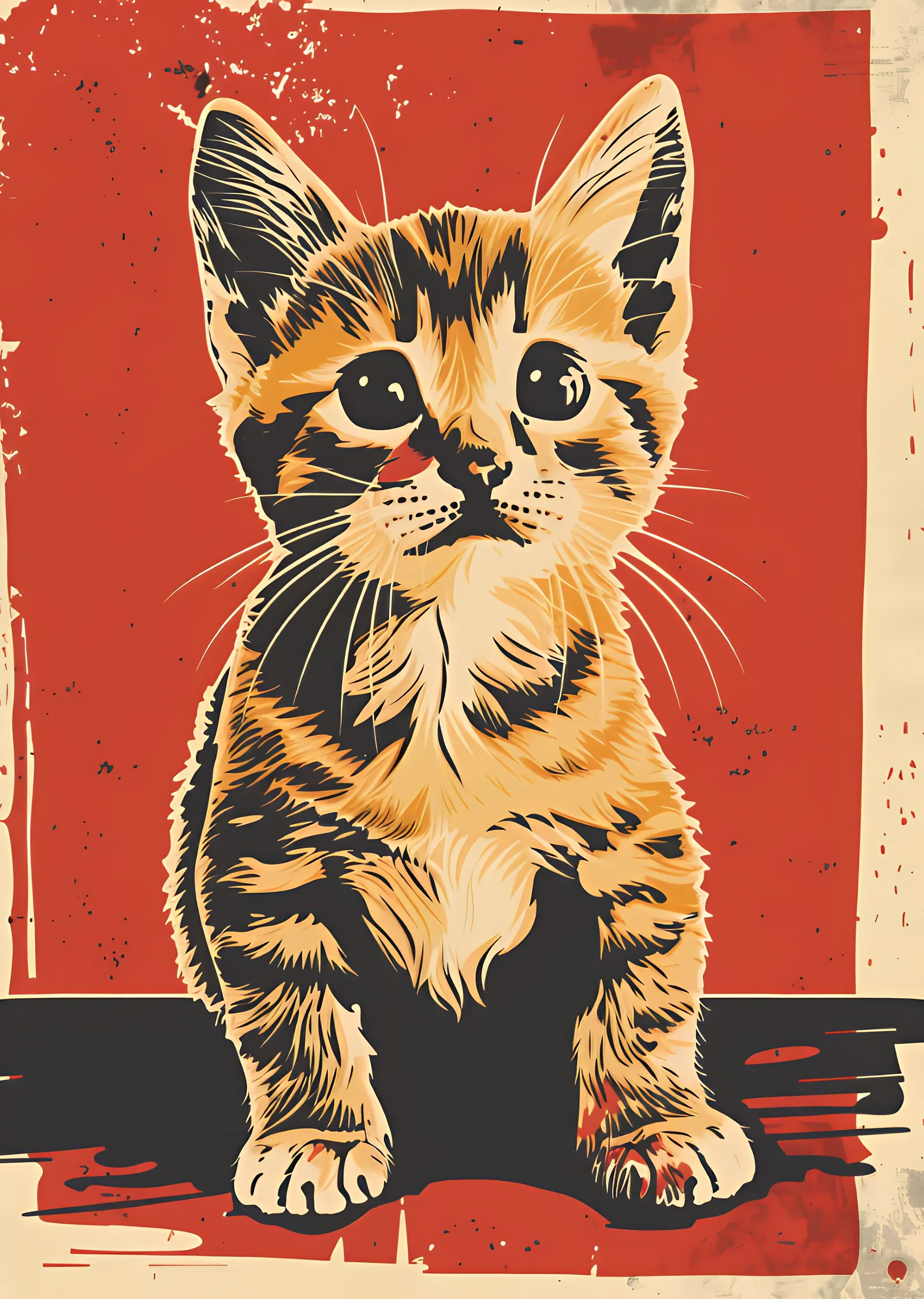Kırmızı Fonlu Sevimli Kedi İllüstrasyonu metal tablo