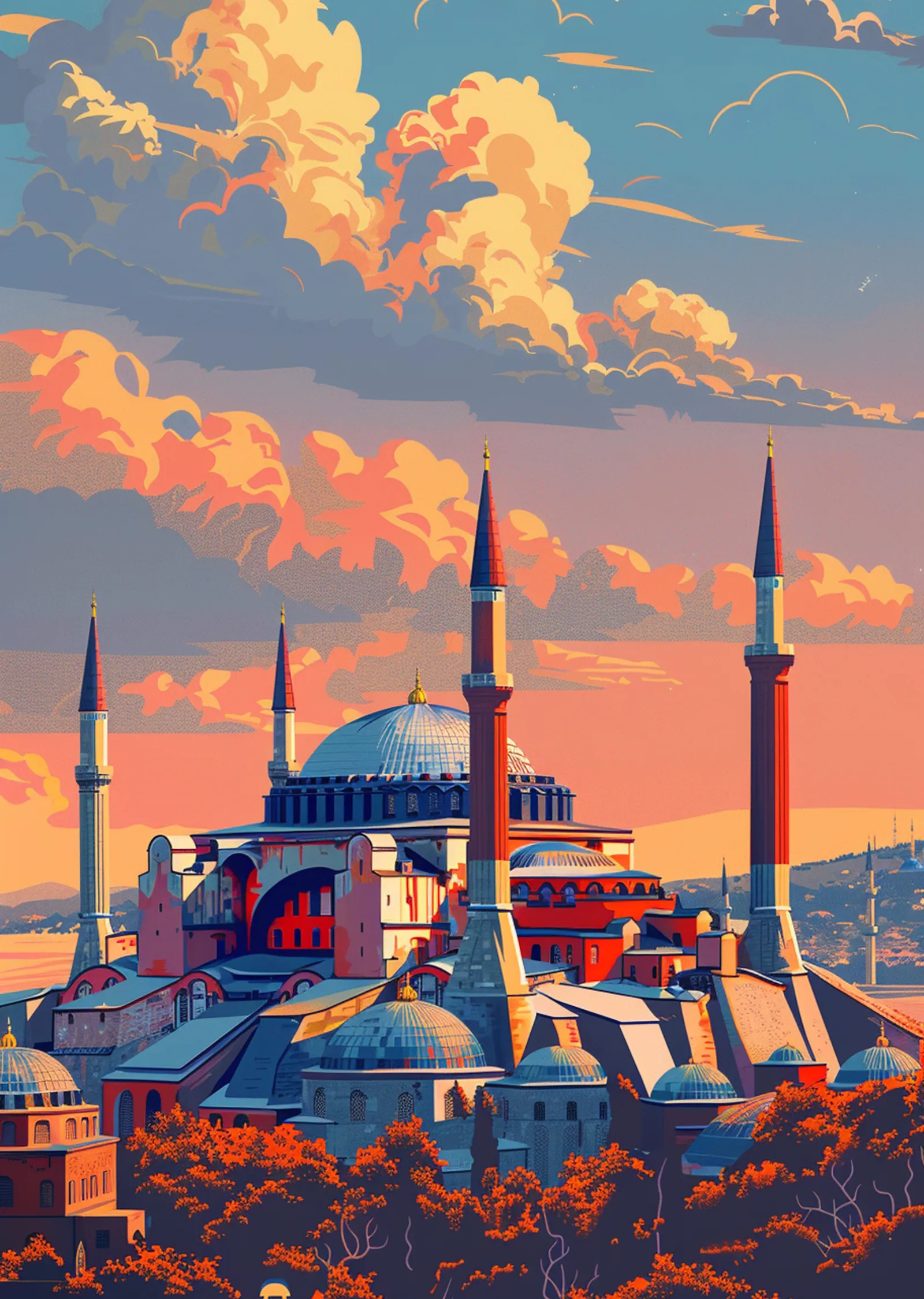 Turuncu ve Lacivert Renklerde Ayasofya Silüeti metal tablo