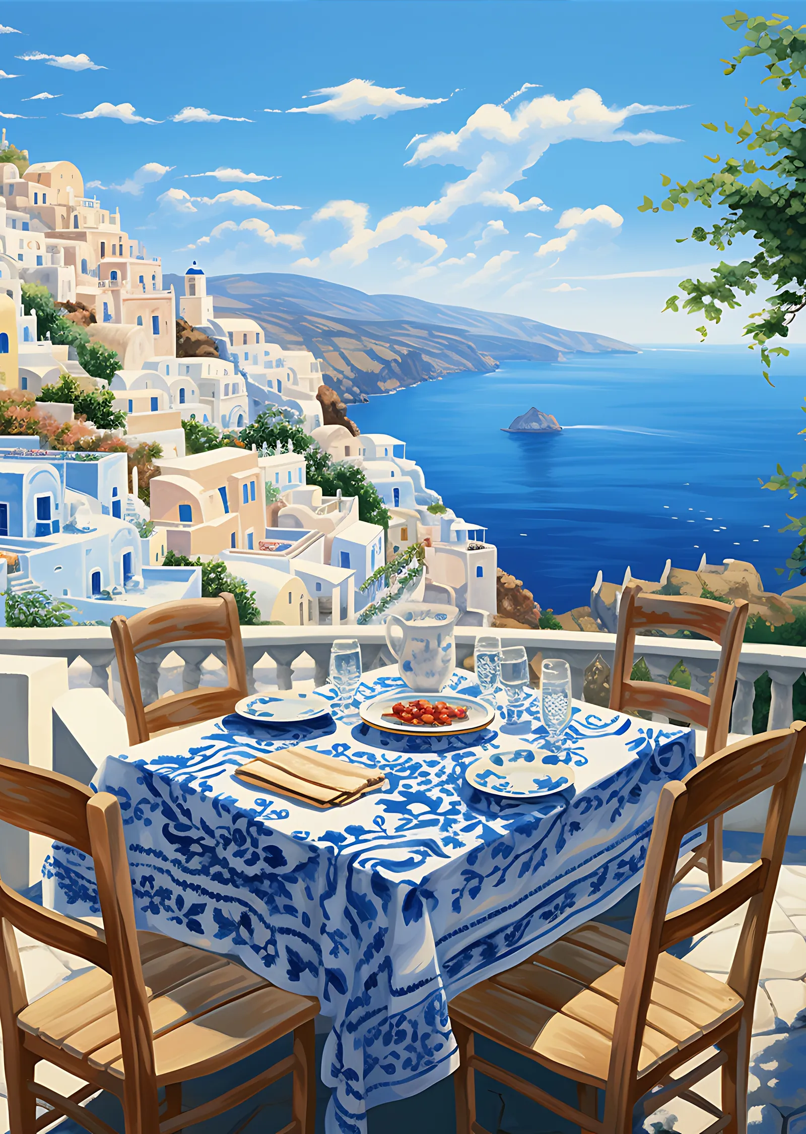 Santorini'de Akdeniz Manzaralı Restoran metal tablo