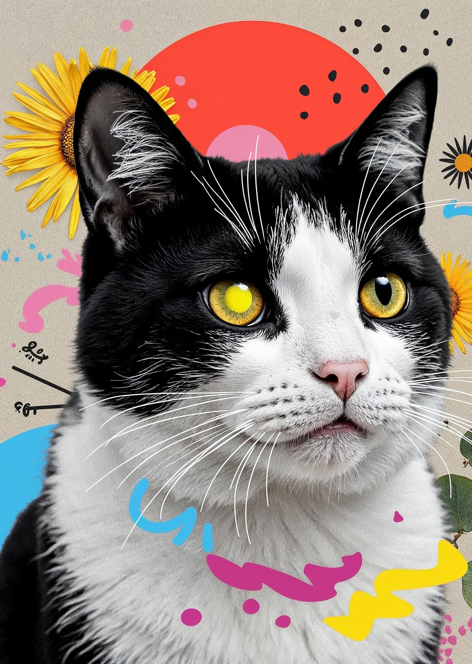 Siyah Beyaz Kedi: Renkli Sanat Eseri metal tablo