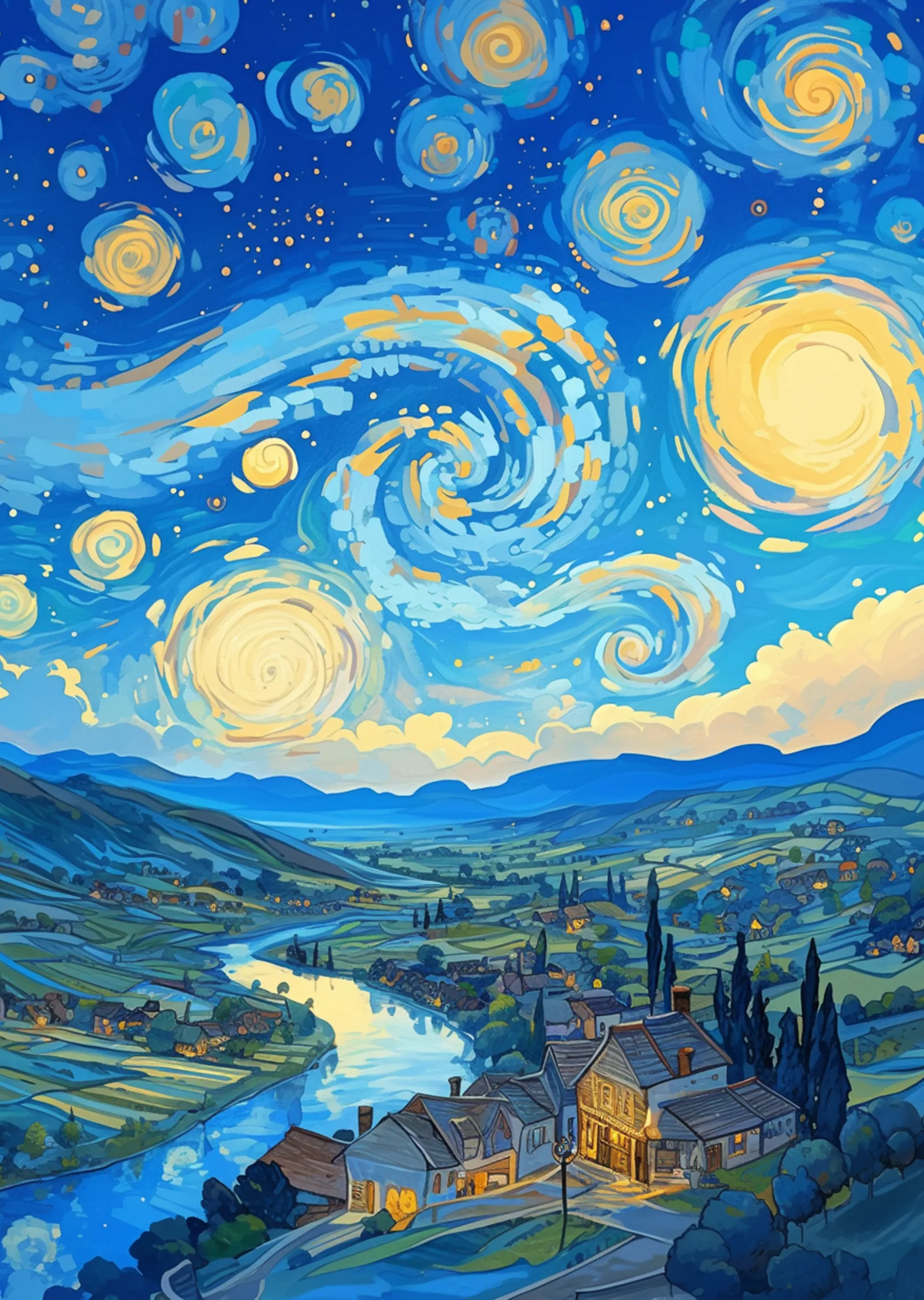 Lacivert ve Sarı Akışkan Dalgalar Van Gogh Yıldızlı Gece metal tablo
