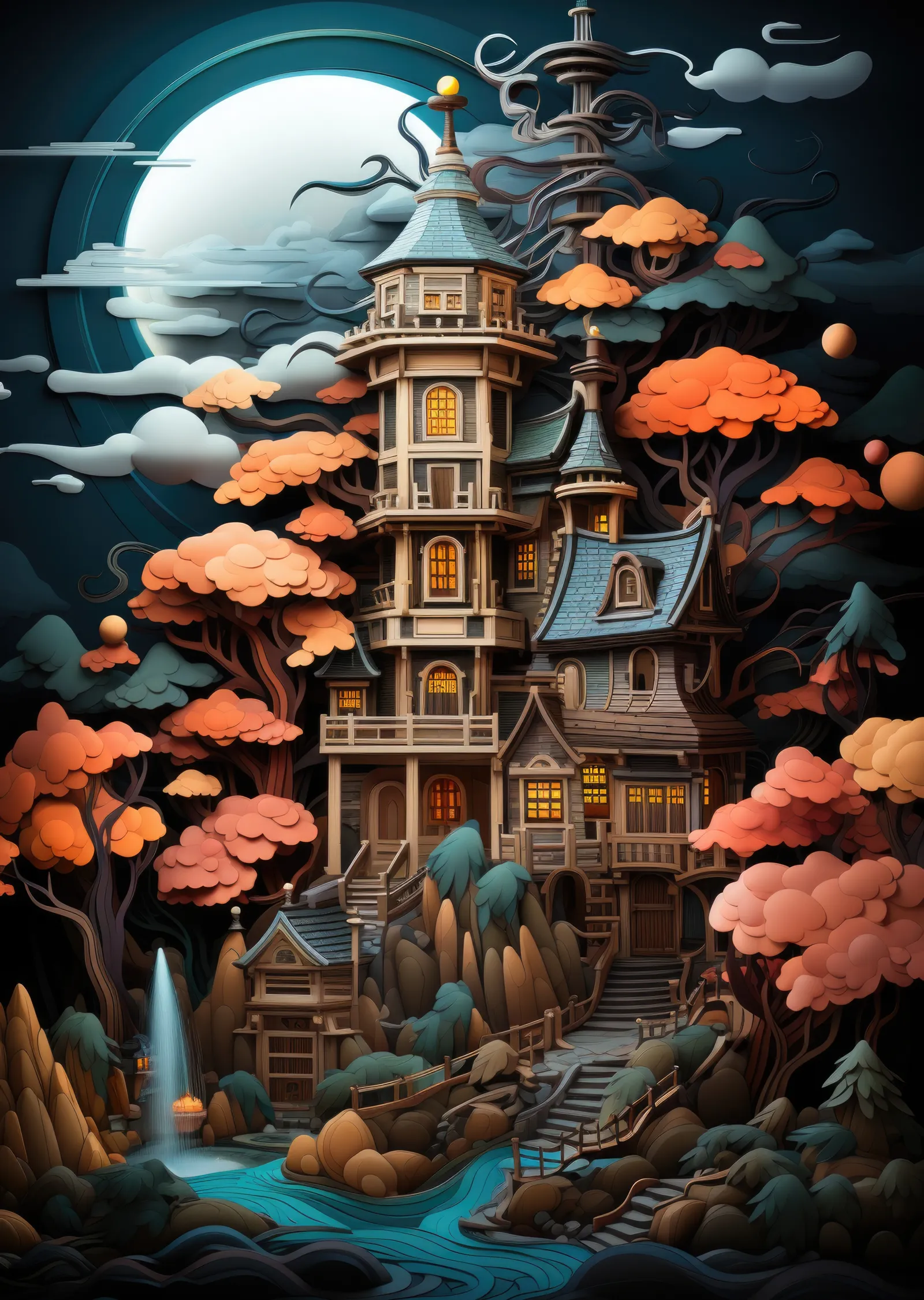 Fantastik Pagoda Evi metal tablo