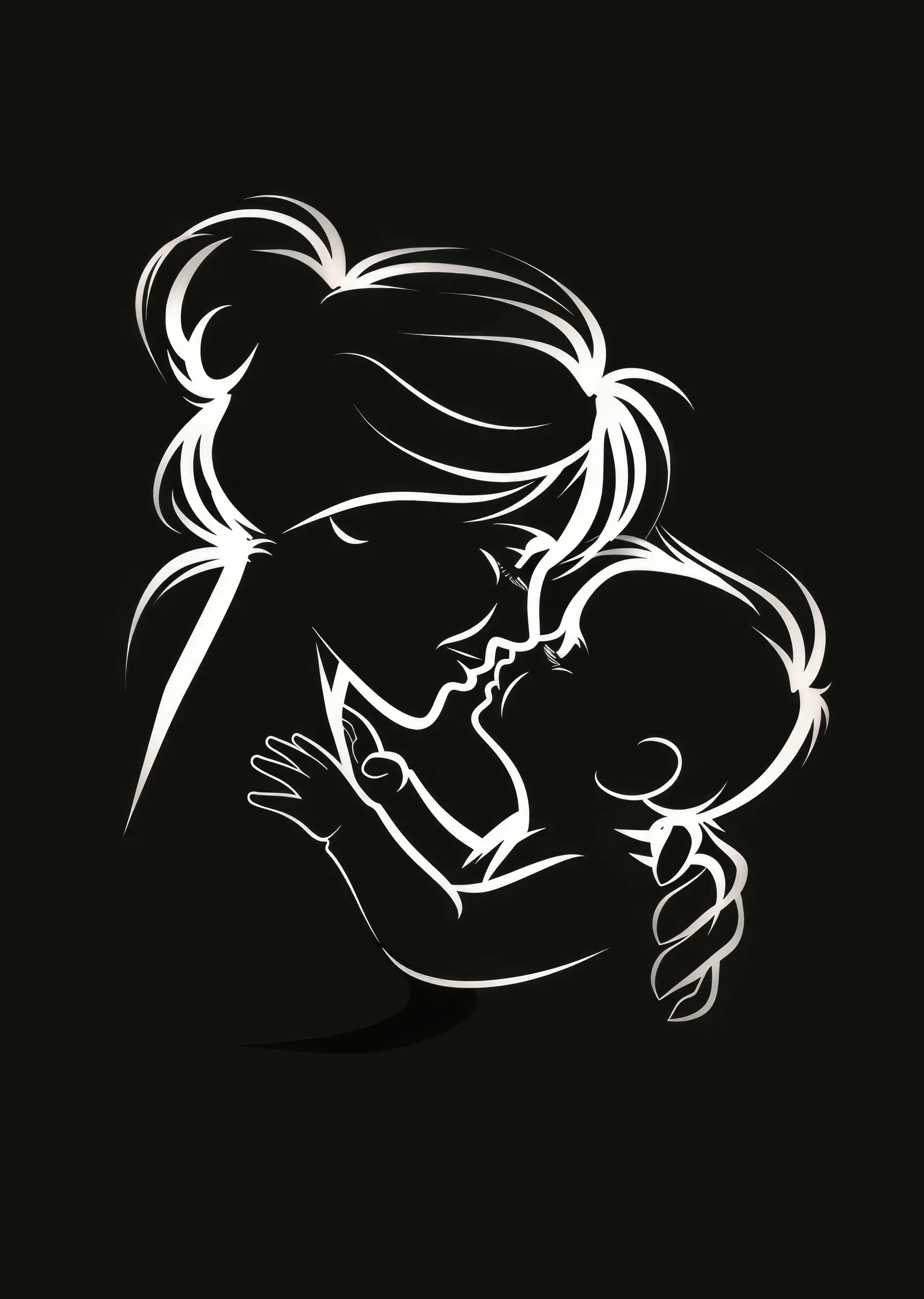 Siyah Fondan Beyaz Hatlı Anne ve Bebek Silüeti metal tablo