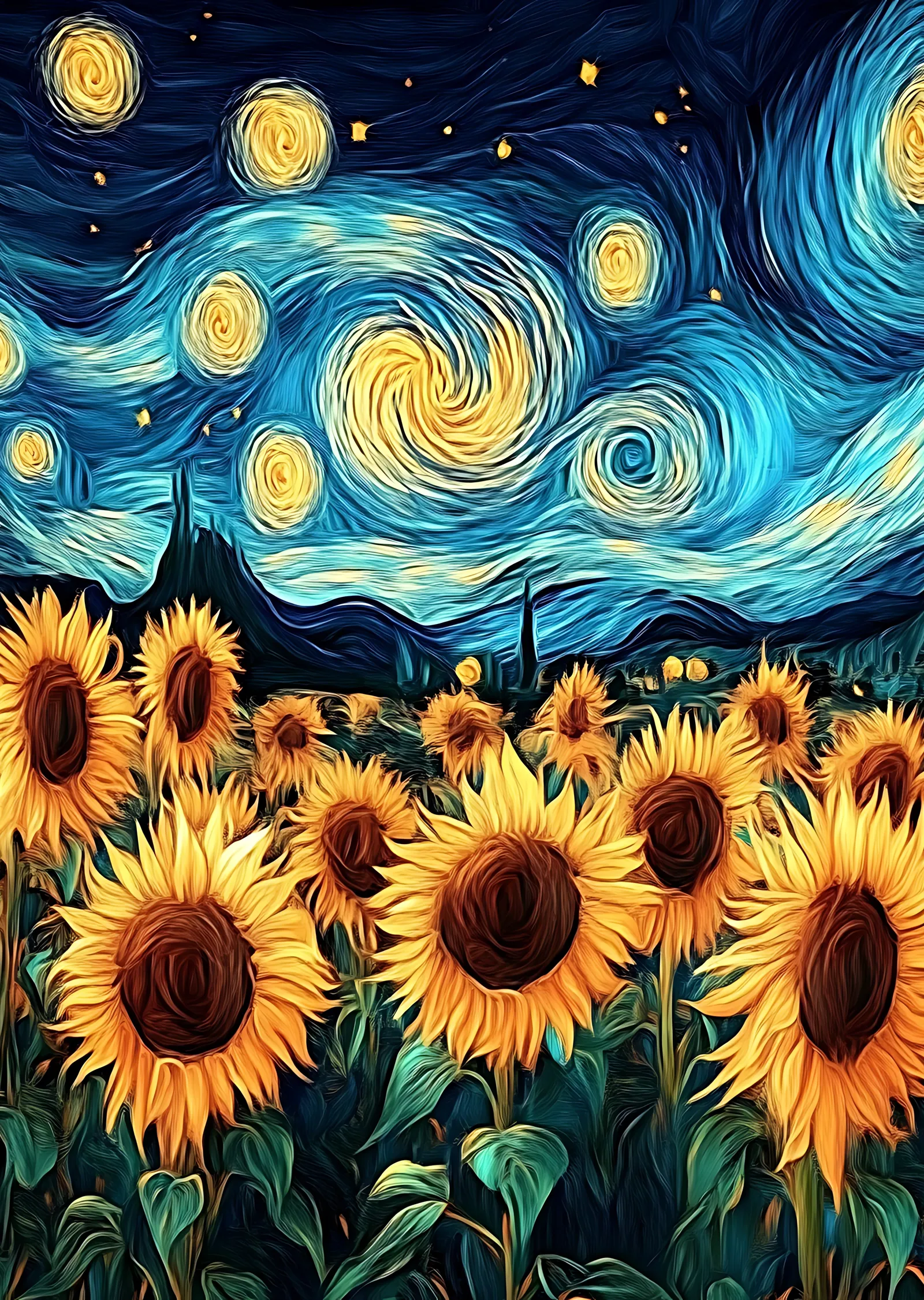 Van Gogh Yıldızlı Gece ve Ayçiçekleri metal tablo