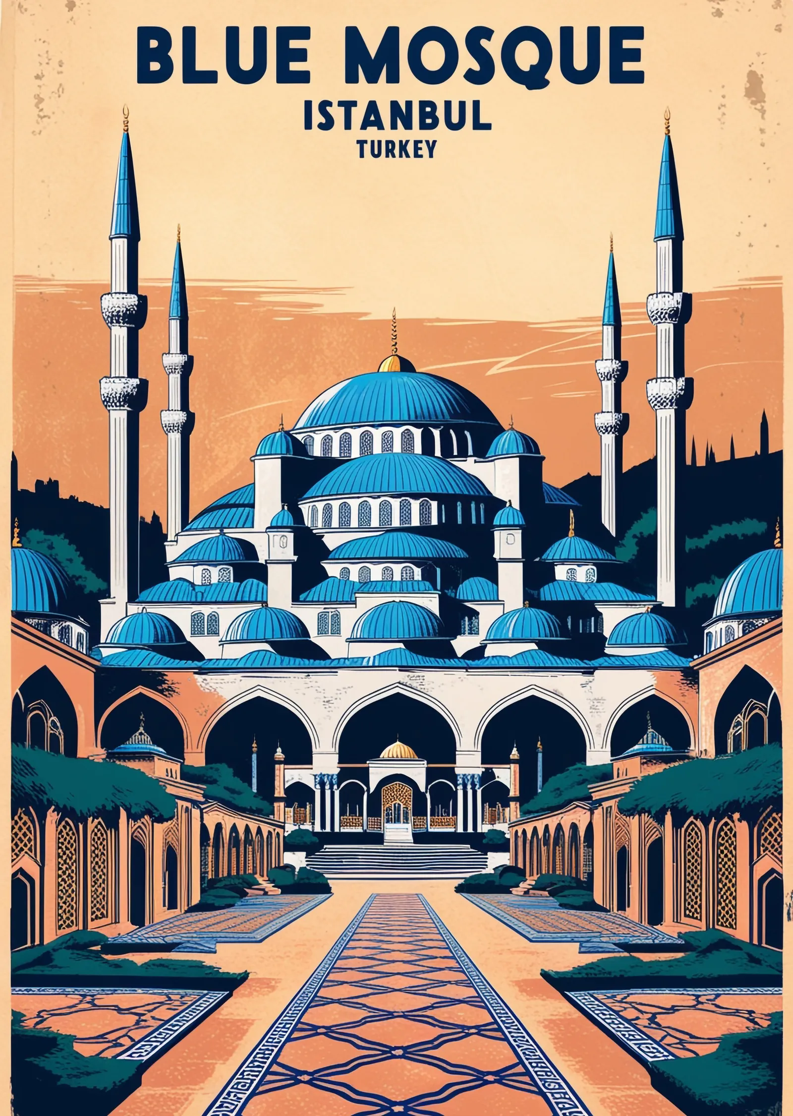 Lacivert ve Turuncu Tonlarında Blue Mosque metal tablo
