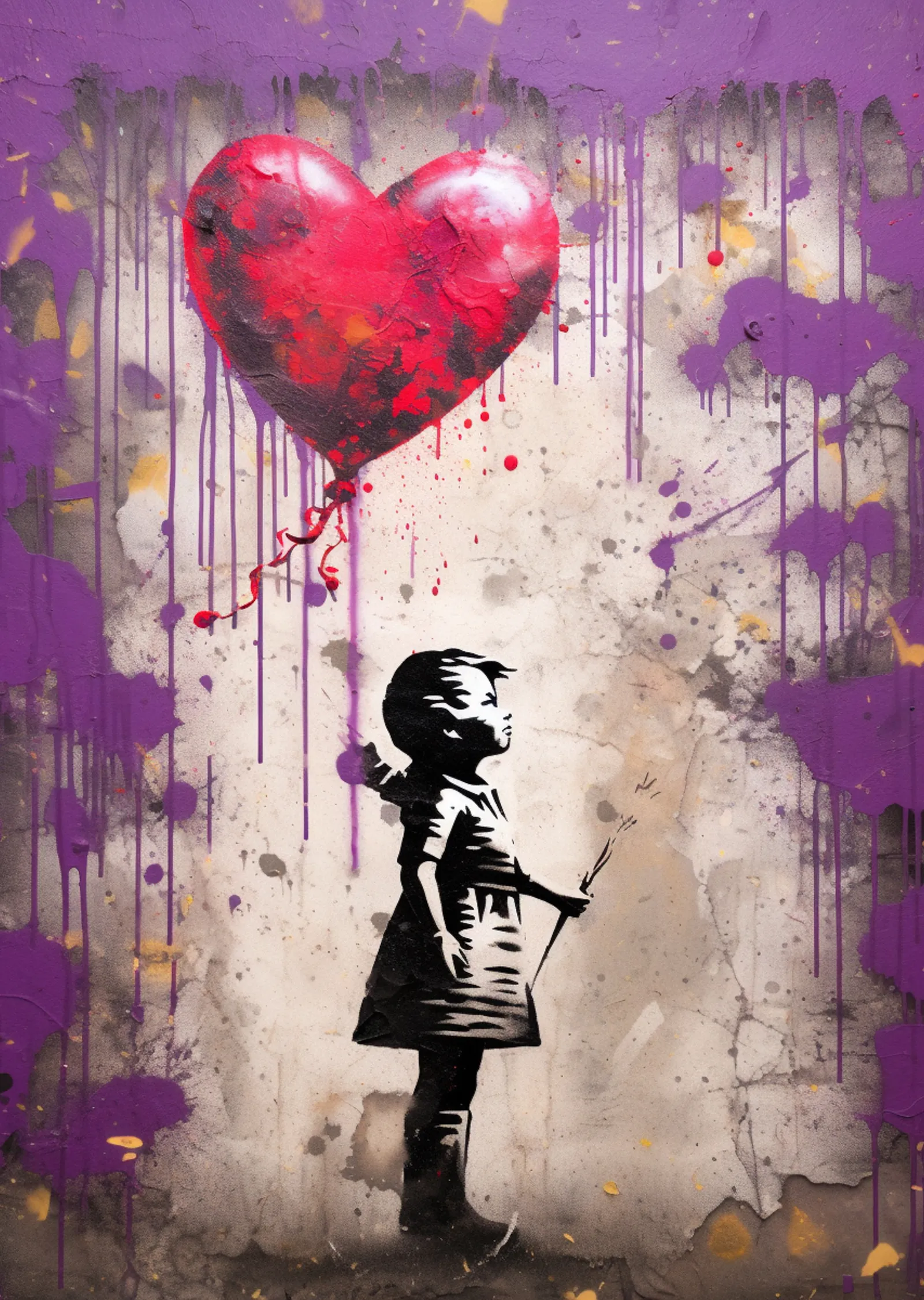 Kız ve Mor Damlayan Balonlu Duvar - Banksy metal tablo