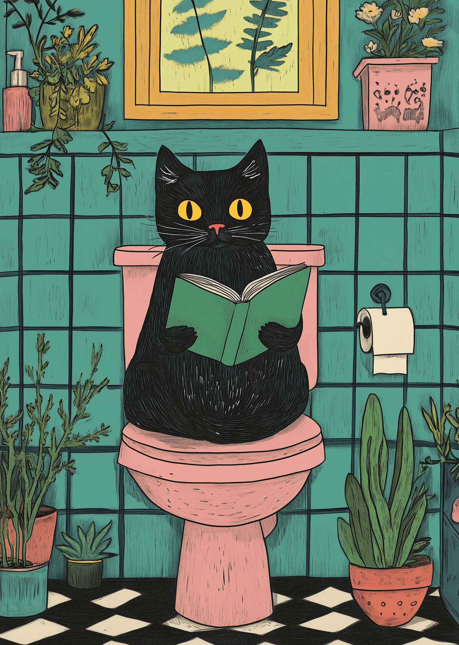 Kitap Okuyan Siyah Kedi metal tablo