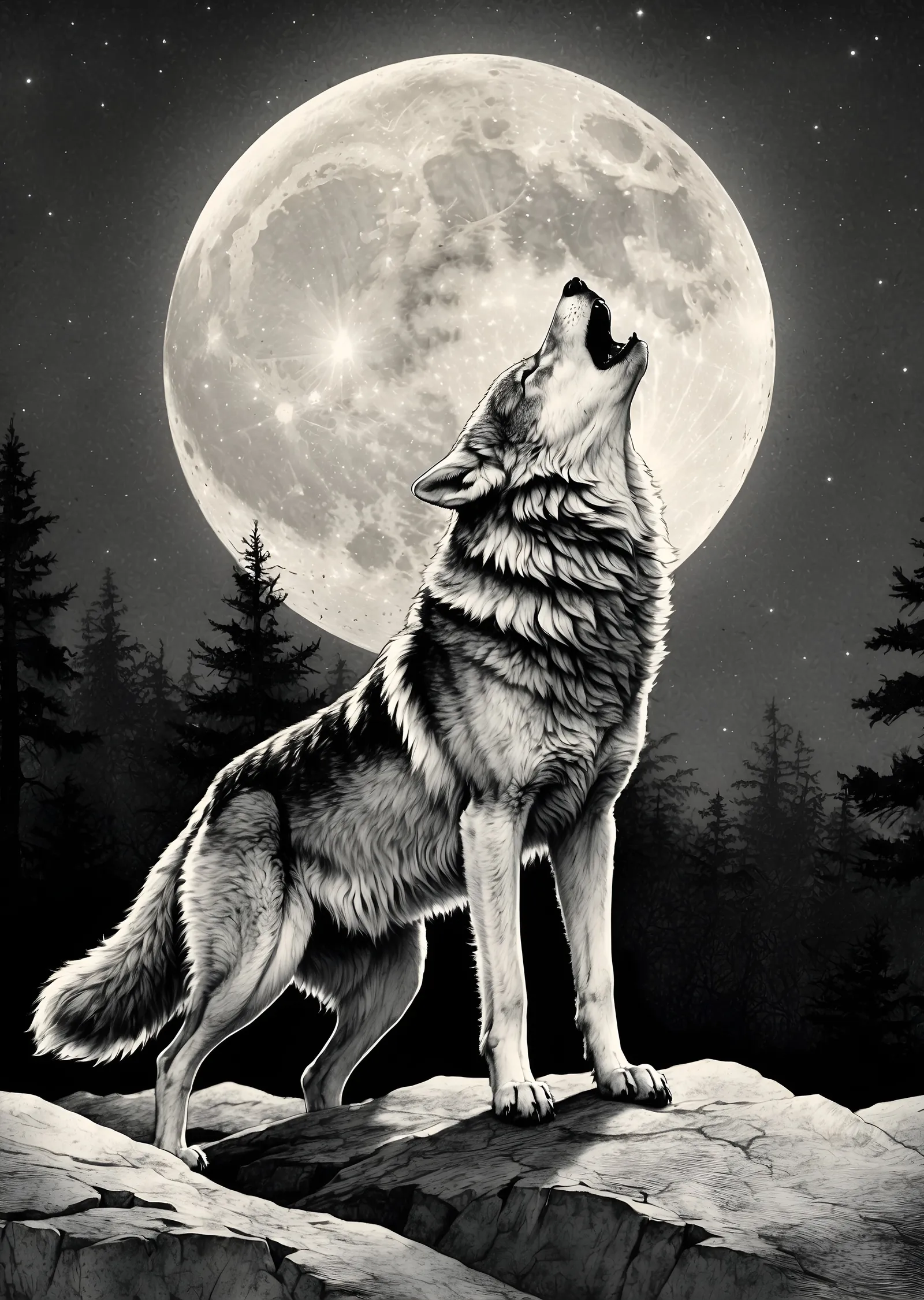 Ay Işığında Uluyan Kurt - Siyah, Gri ve Beyaz Renkli metal tablo